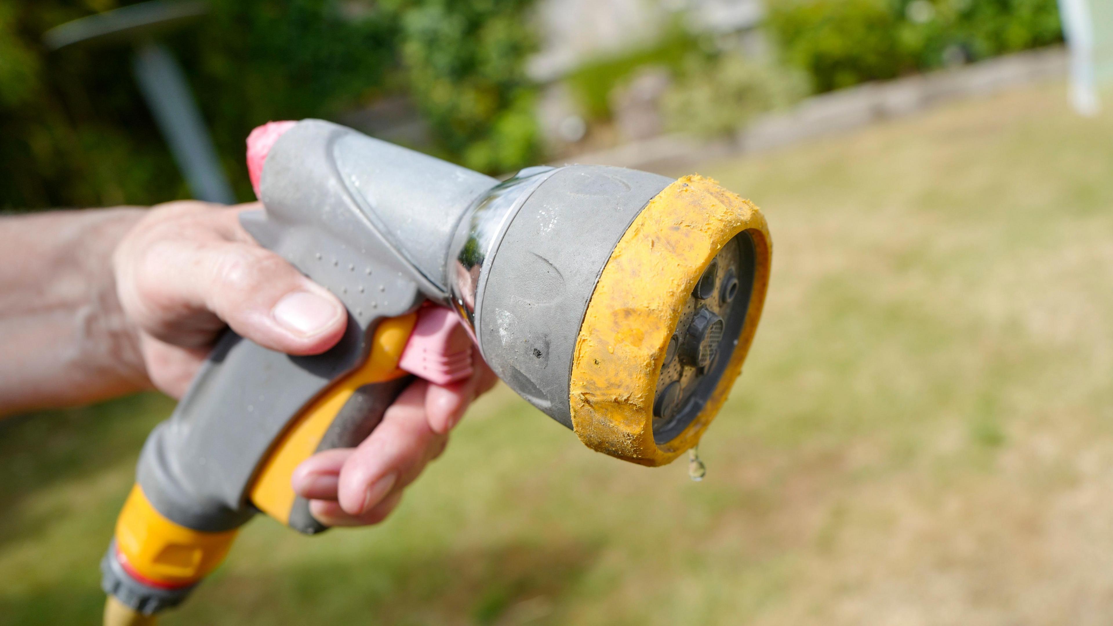 A hand holding the end of a hosepipe which is dripping with water. A garden which is blurred can be seen in the background.