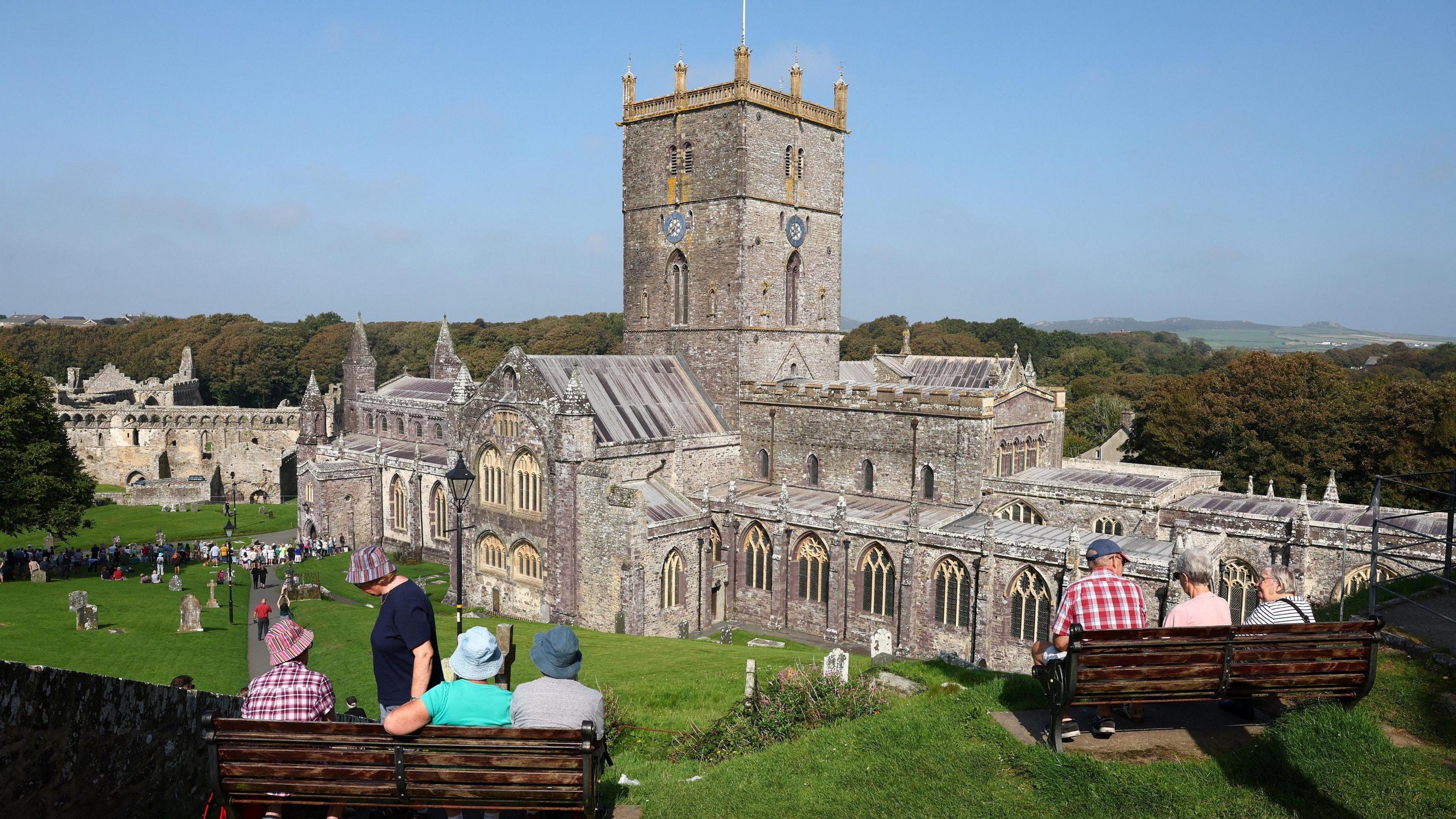 A view of St Davids Cathedral from a nearby hill.