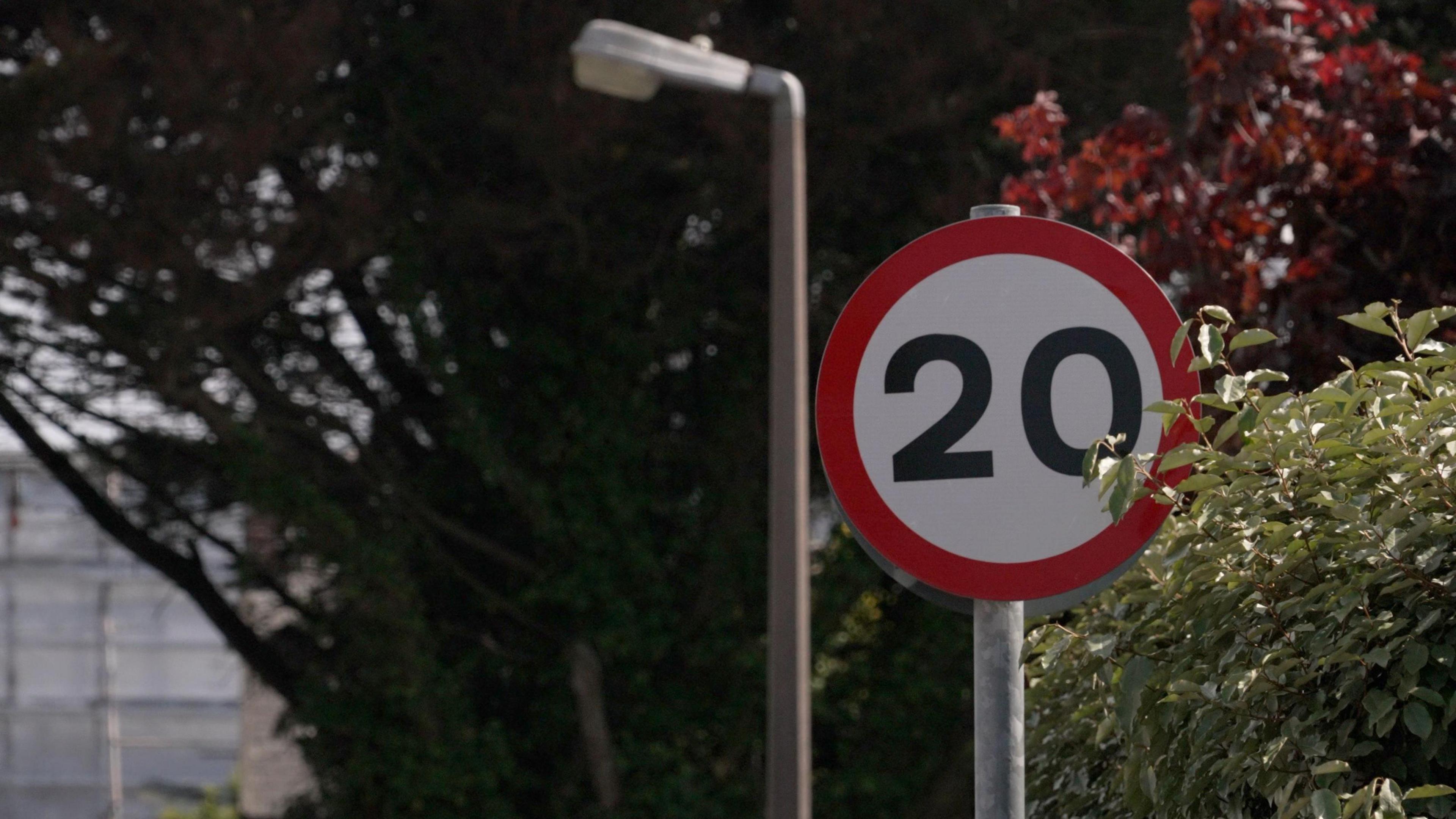 The 20mph speed limit sign in St Peter is to the right of the shot, with a lamppost to the left of it. Trees with dark red leaves and a bush with green leaves are in the background.