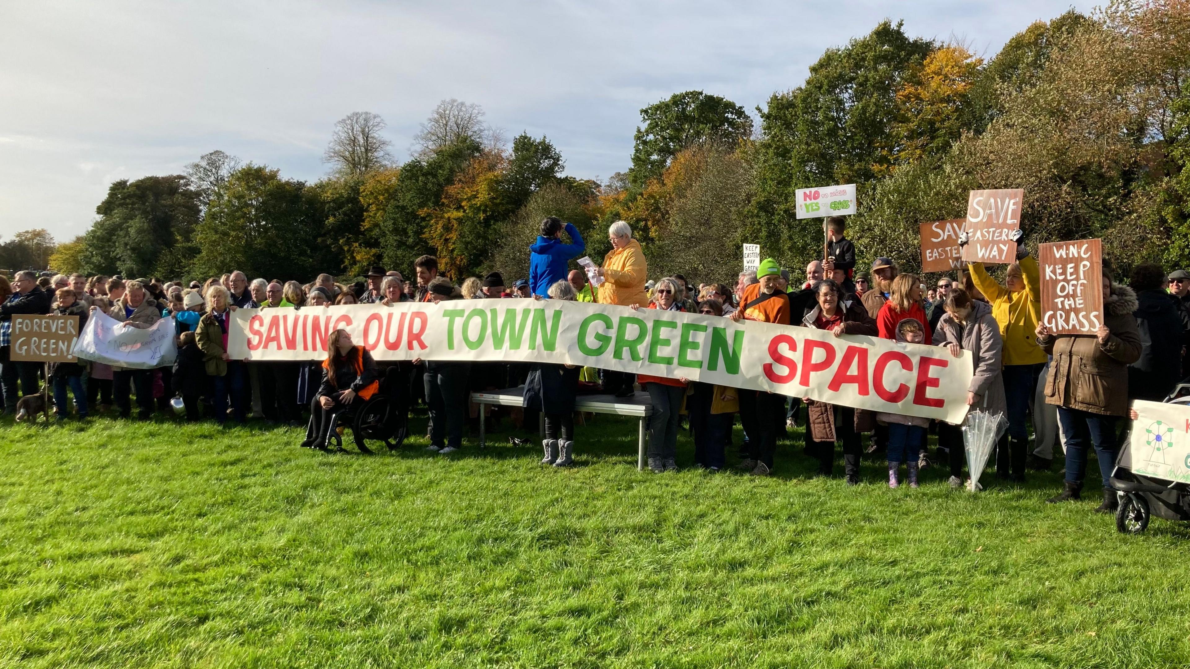 A crowd of people standing in a grass park with trees behind, some holding banners saying things like "keep off the grass".  A number of them are holding up a banner saying "Saving our town green space"