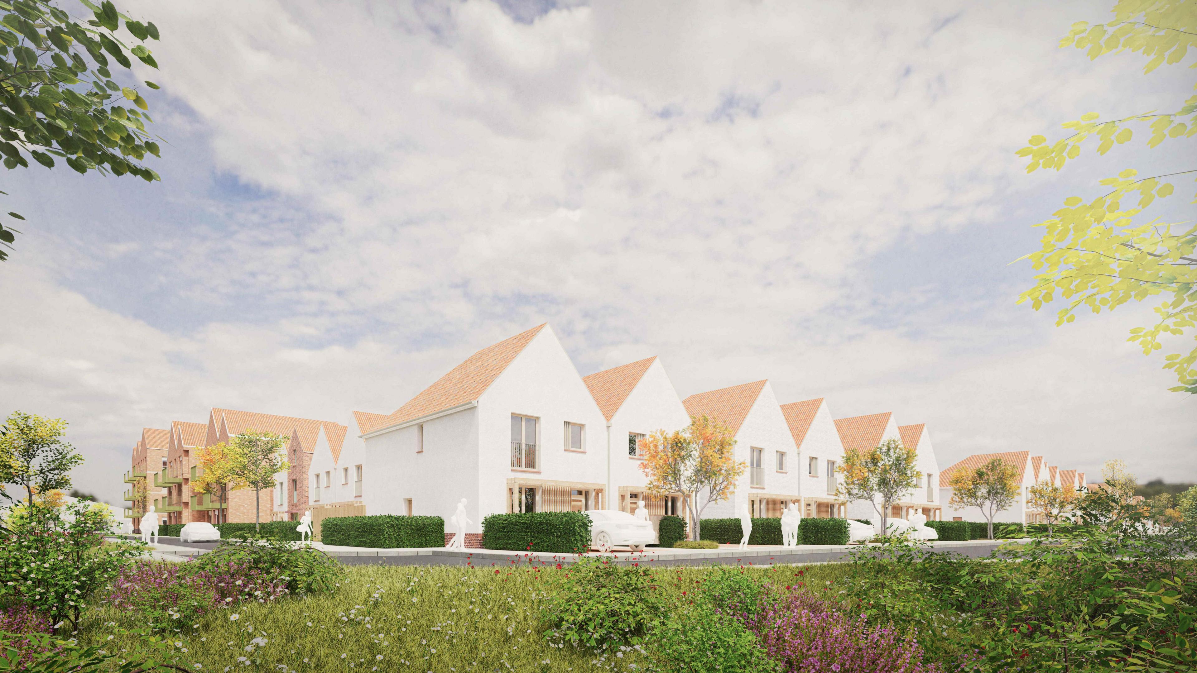 Artist's impression of a development of new houses, shown from the street.  The white terraced house, with light brown roofs, are surrounded by box hedges, trees and grassland