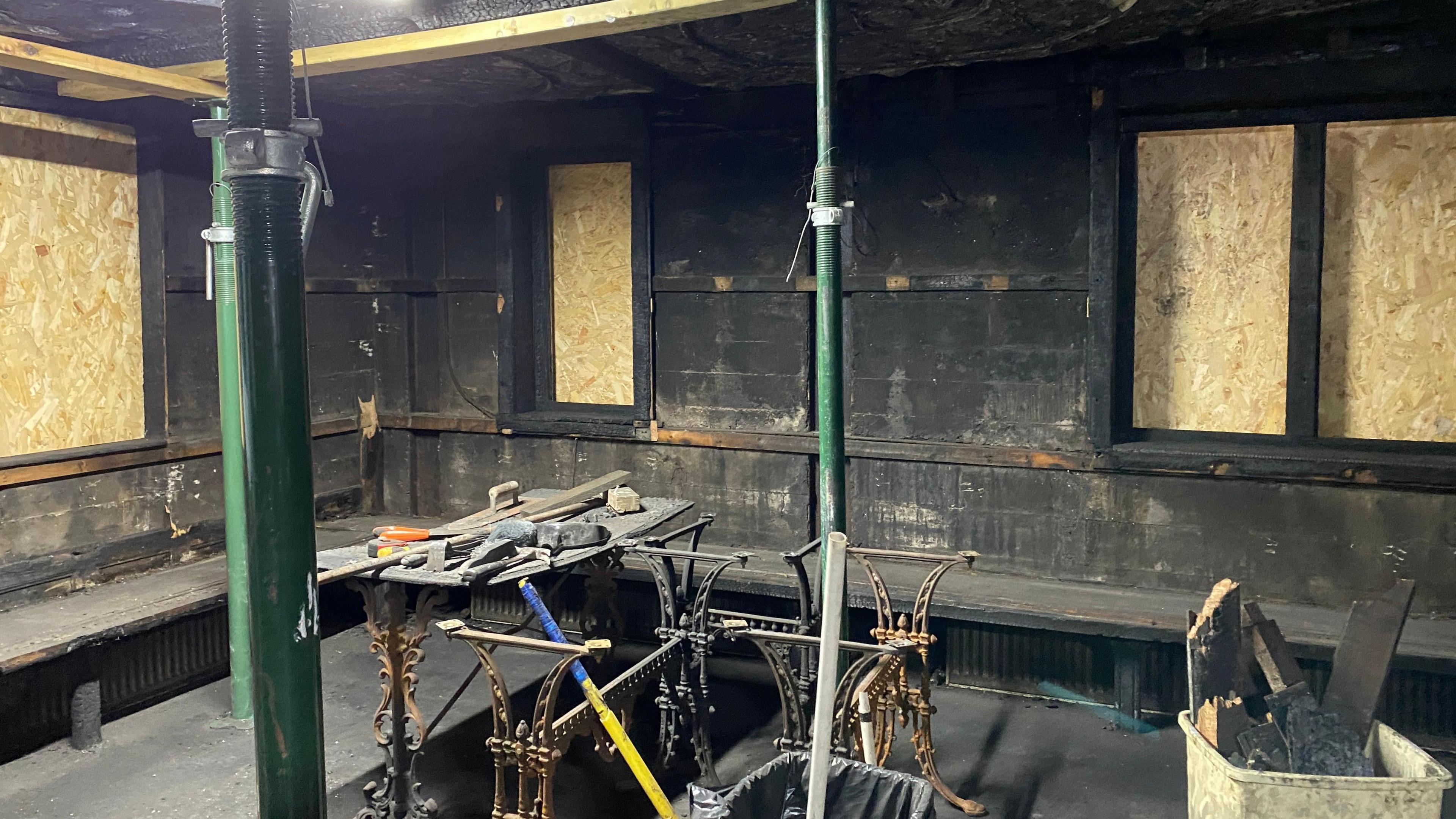 A room of the pub which is smoke damaged