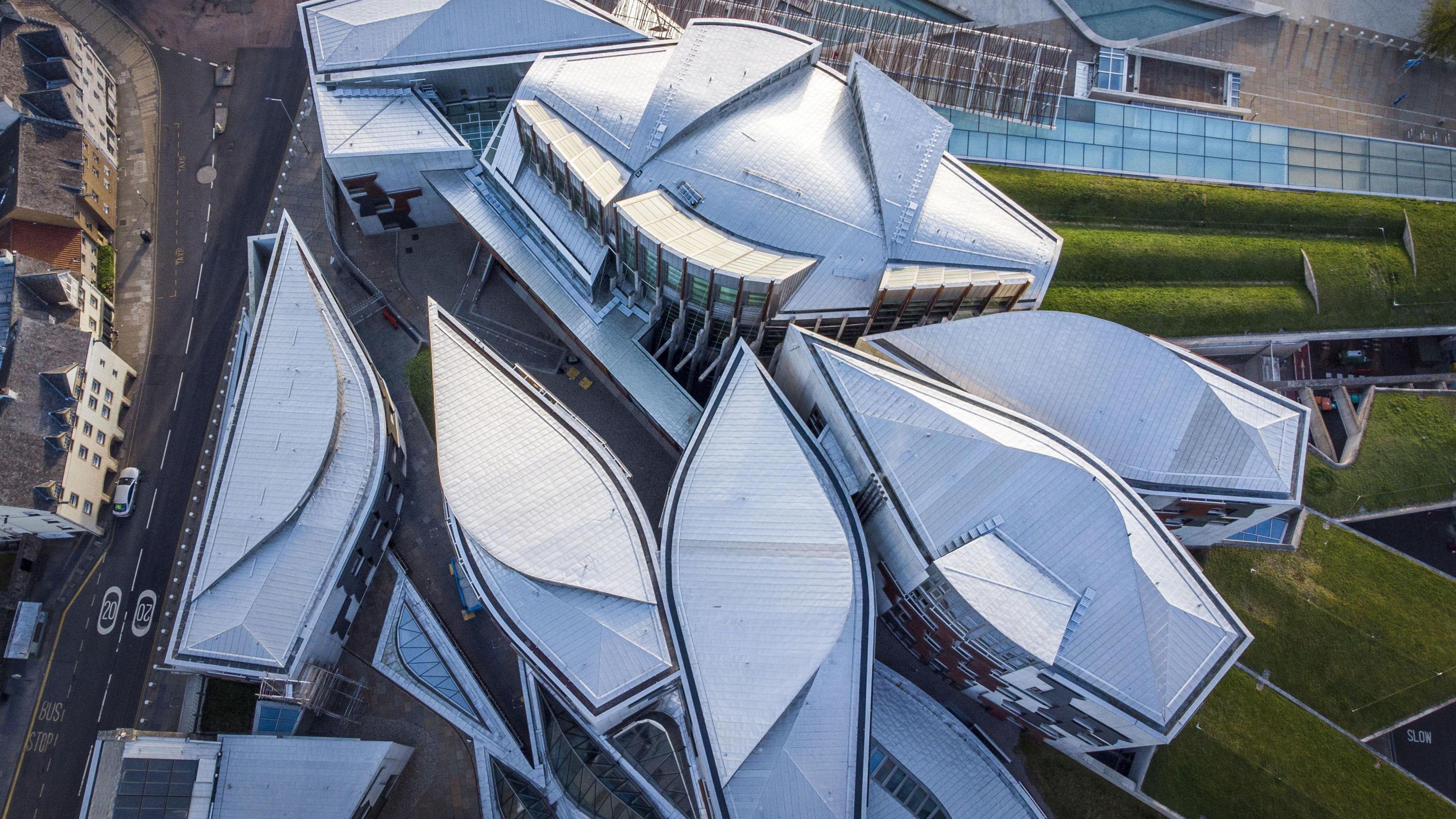 Holyrood Parliament buildings seen from above.