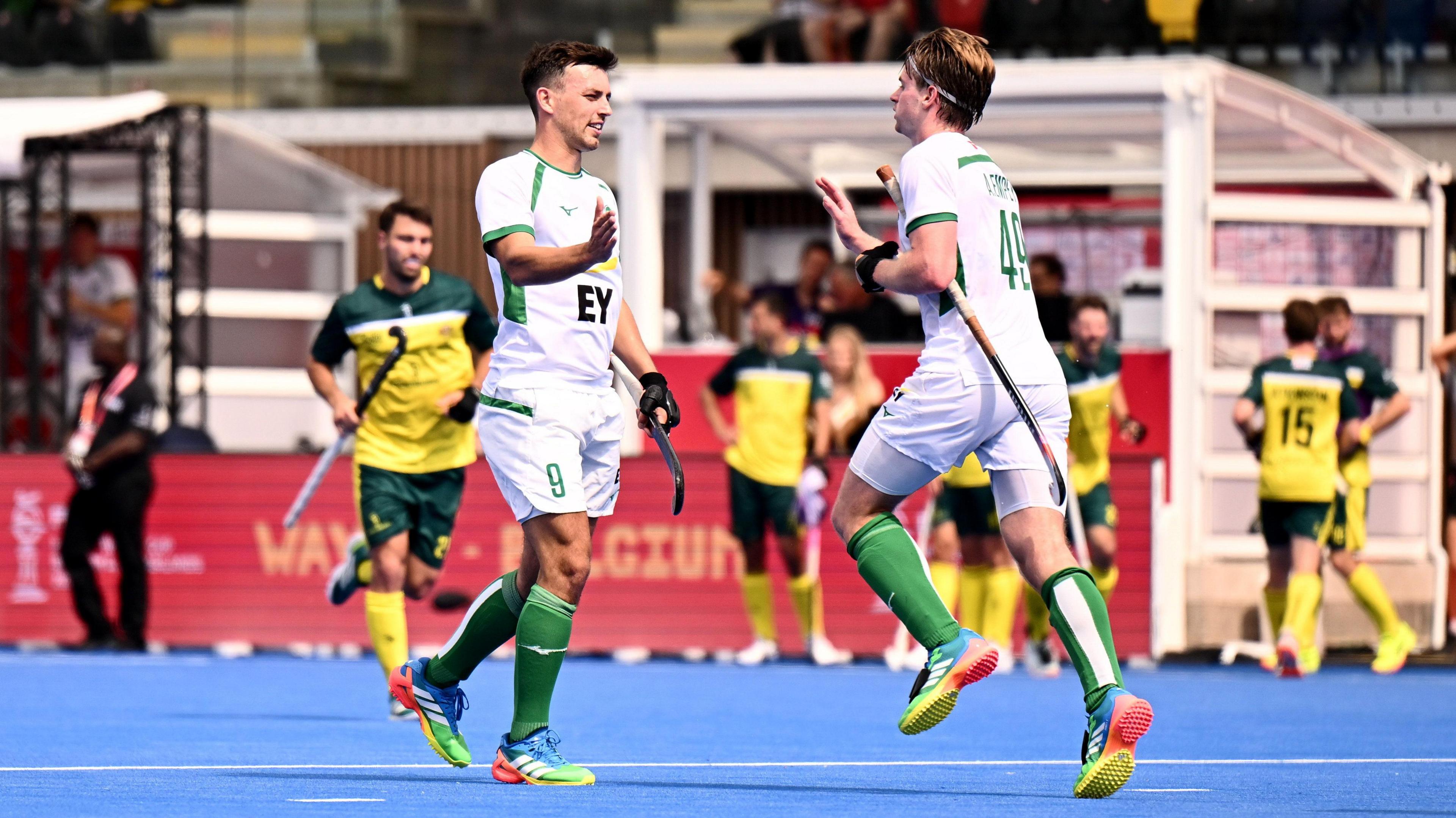 Matthew Nelson and Ali Empey celebrate Ireland’s goal
