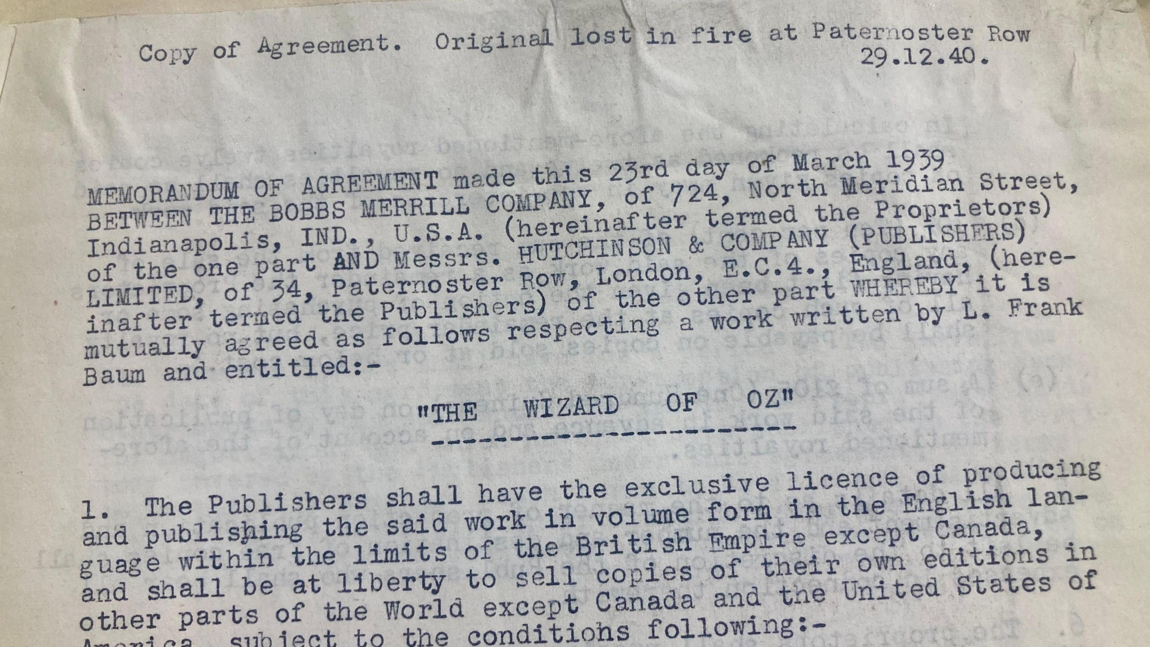 Image shows a copy of the typed publishing contract for the Wizard of Oz dated December 1940.