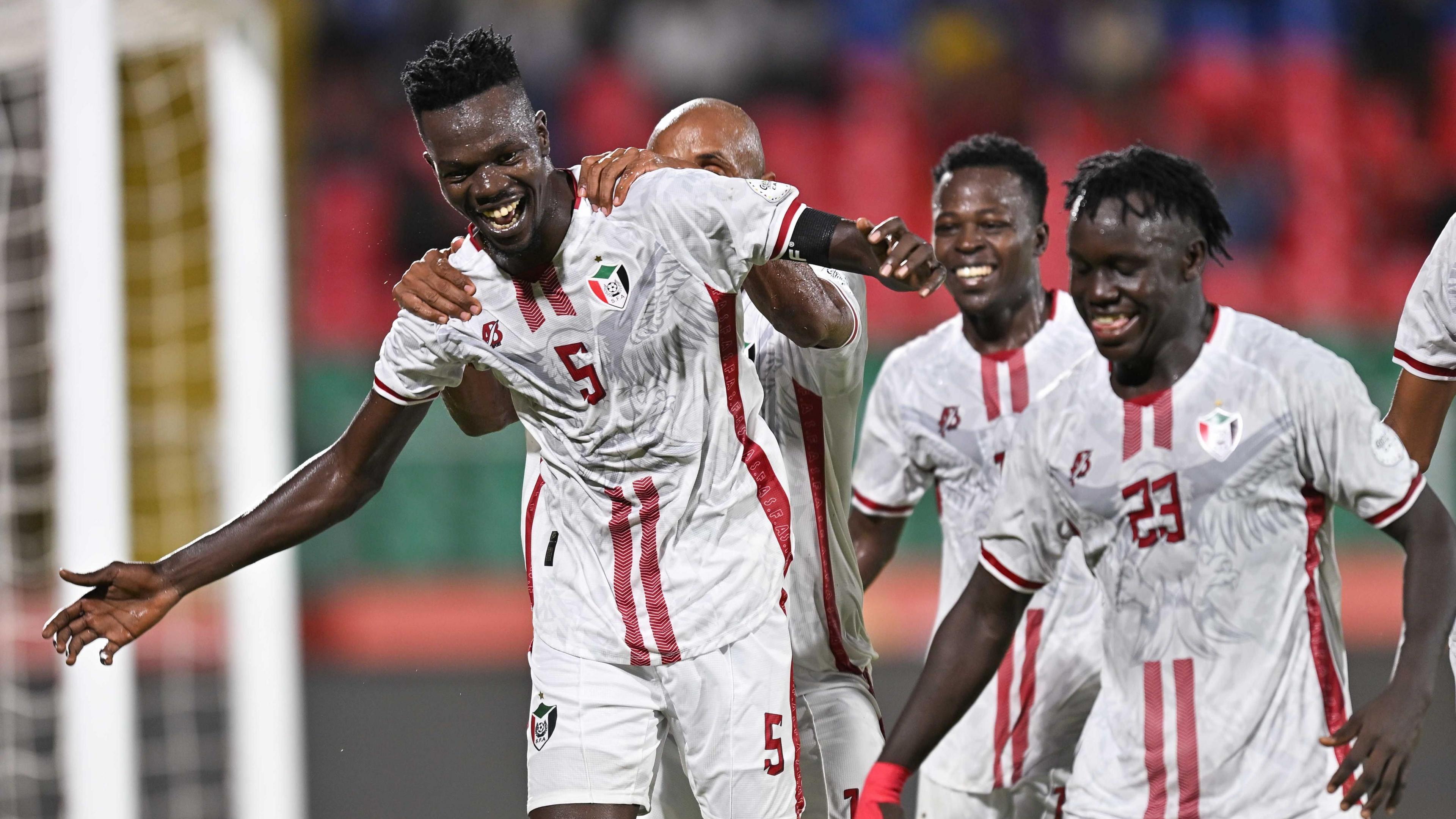 Sudan players celebrate a goal during the African Nations Championship