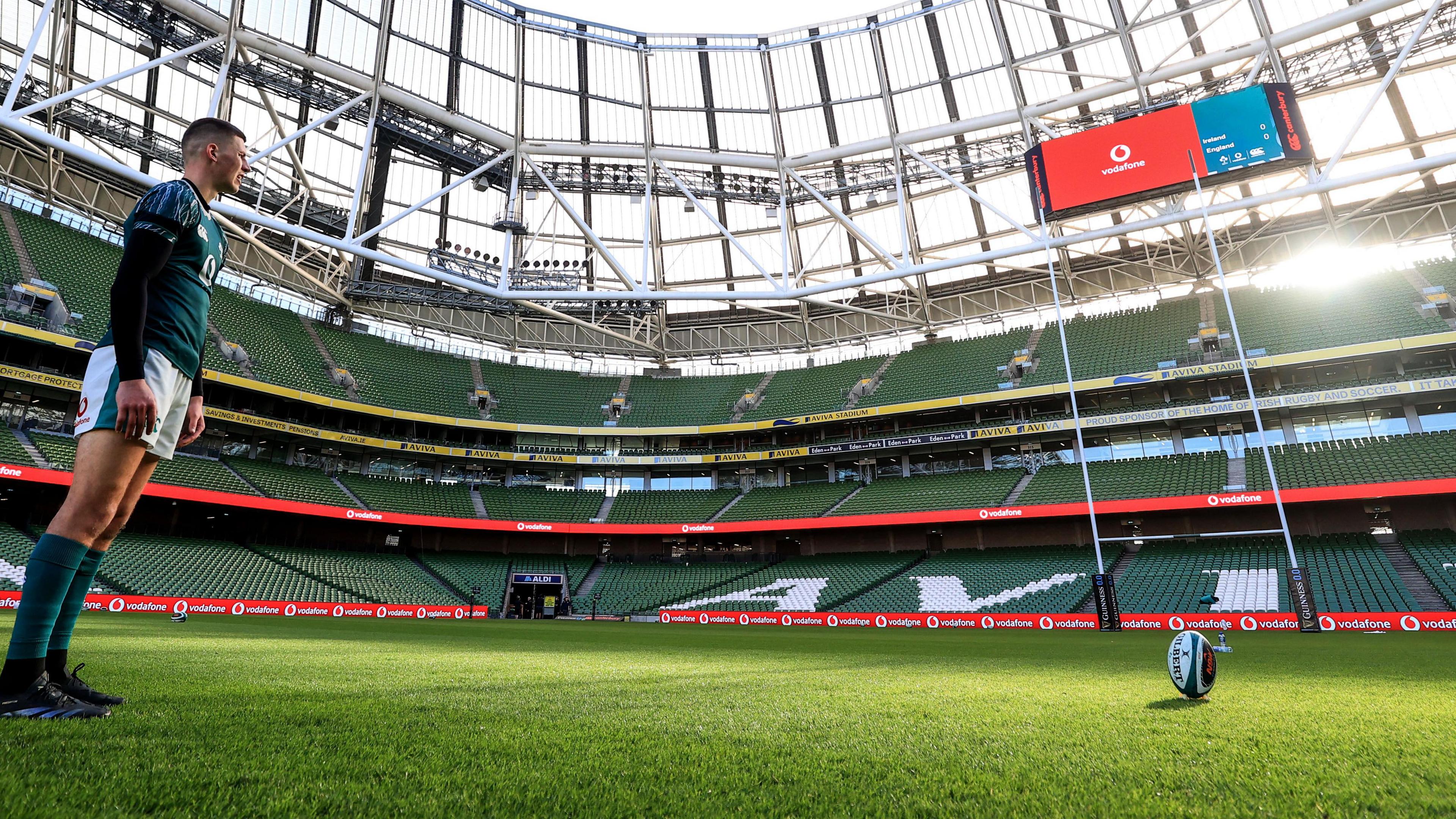 Sam Prendergast practises his goal-kicking during Ireland's captain's run at Aviva Stadium