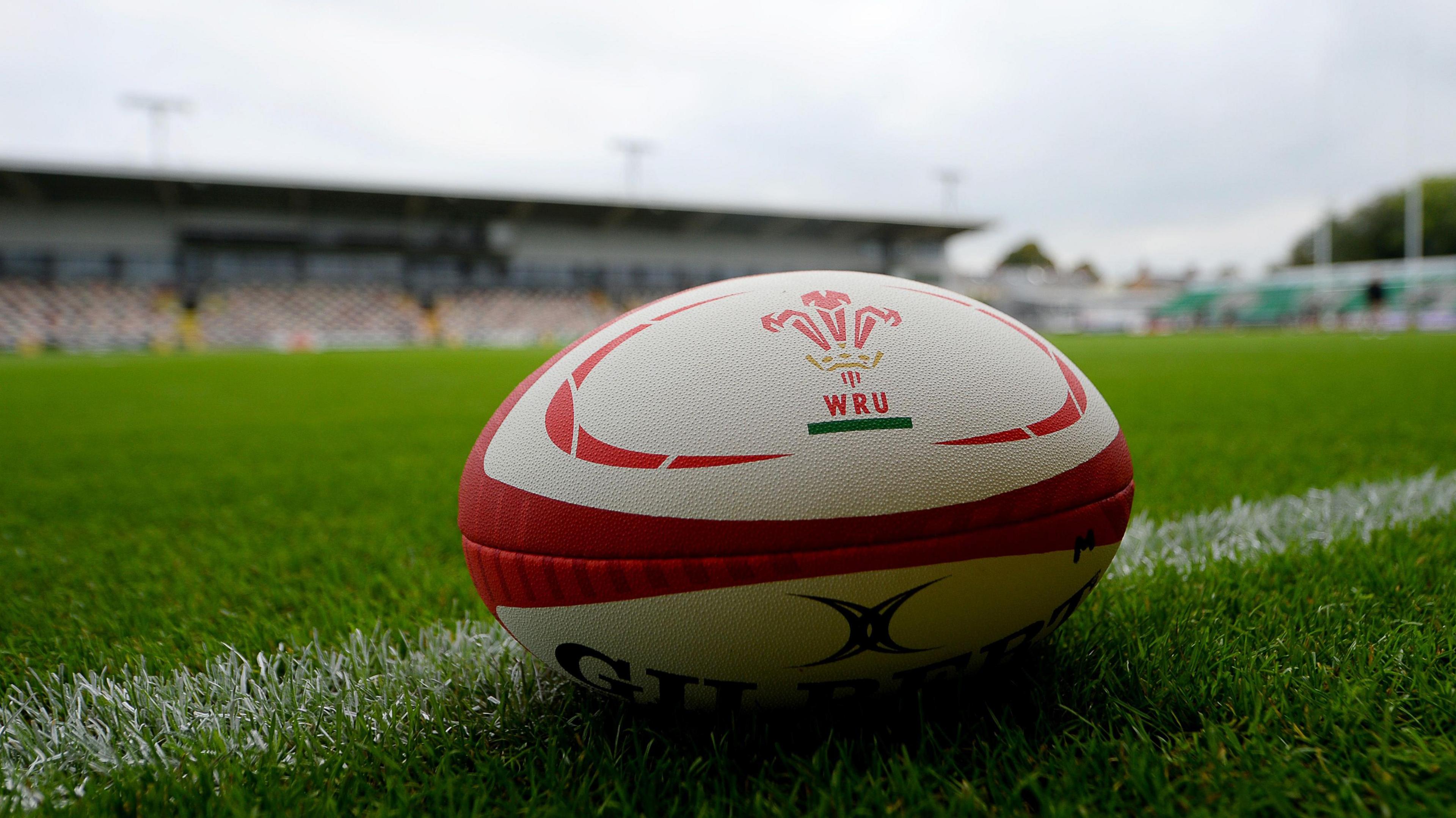 Rugby ball on the pitch at Rodney Parade