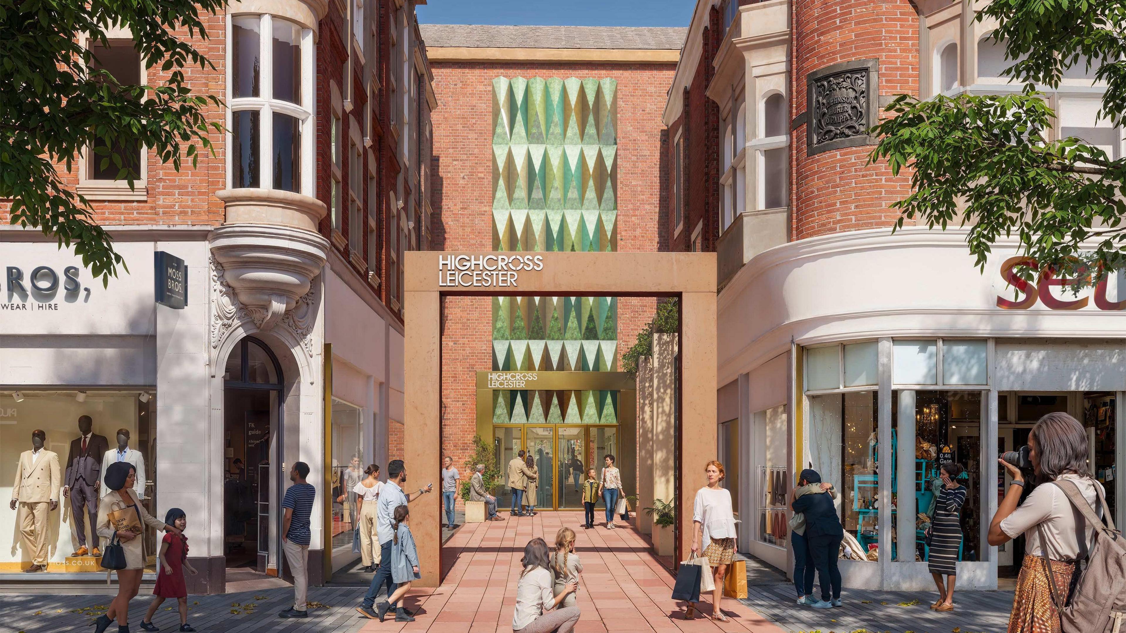 An artist's impression of Highcross Shopping Centre in Leicester will look after redevelopment. Shoppers mill before an entrance between two shops with a paved section heading through an arch with the words "Highcross Leicester" on it and behind, a tall vertical banner made of diamond-shapes in a pattern.