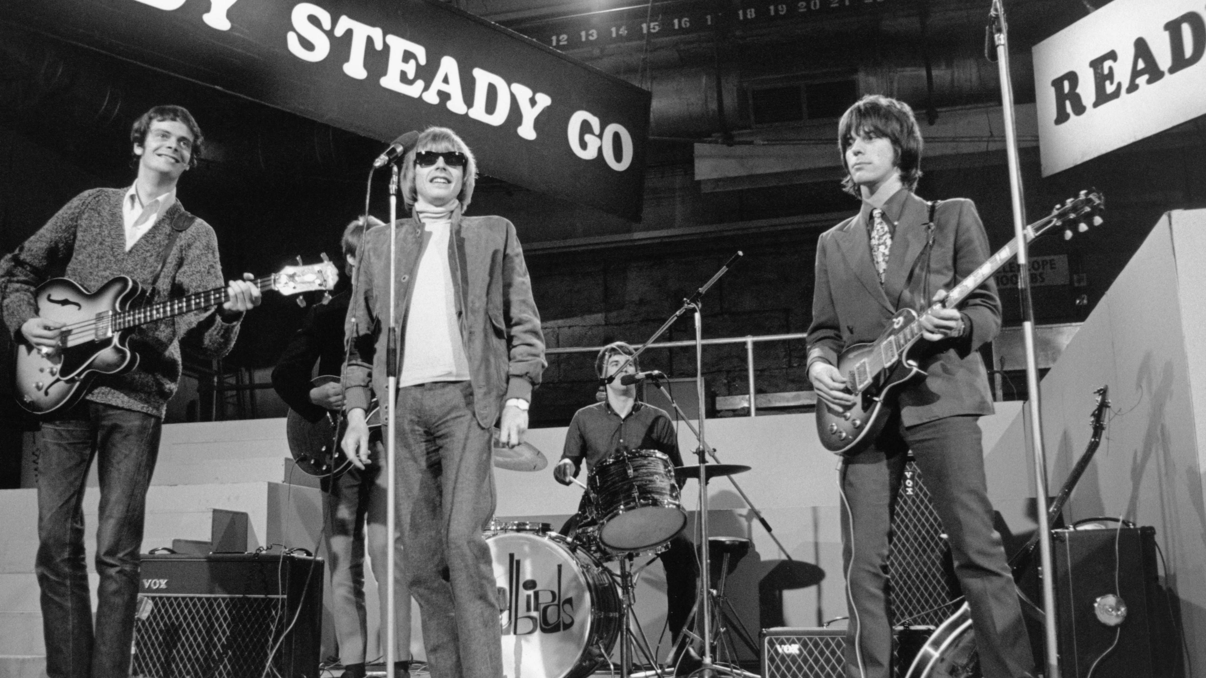 English rock group The Yardbirds perform their song 'Over Under Sideways Down' on the set of the Associated Rediffusion Television pop music television show Ready Steady Go! at Wembley Television Studios in London on 27th May 1966. Members of the group are, from left, Paul Samwell-Smith, Chris Dreja (behind), Keith Relf, Jim McCarty and Jeff Beck.