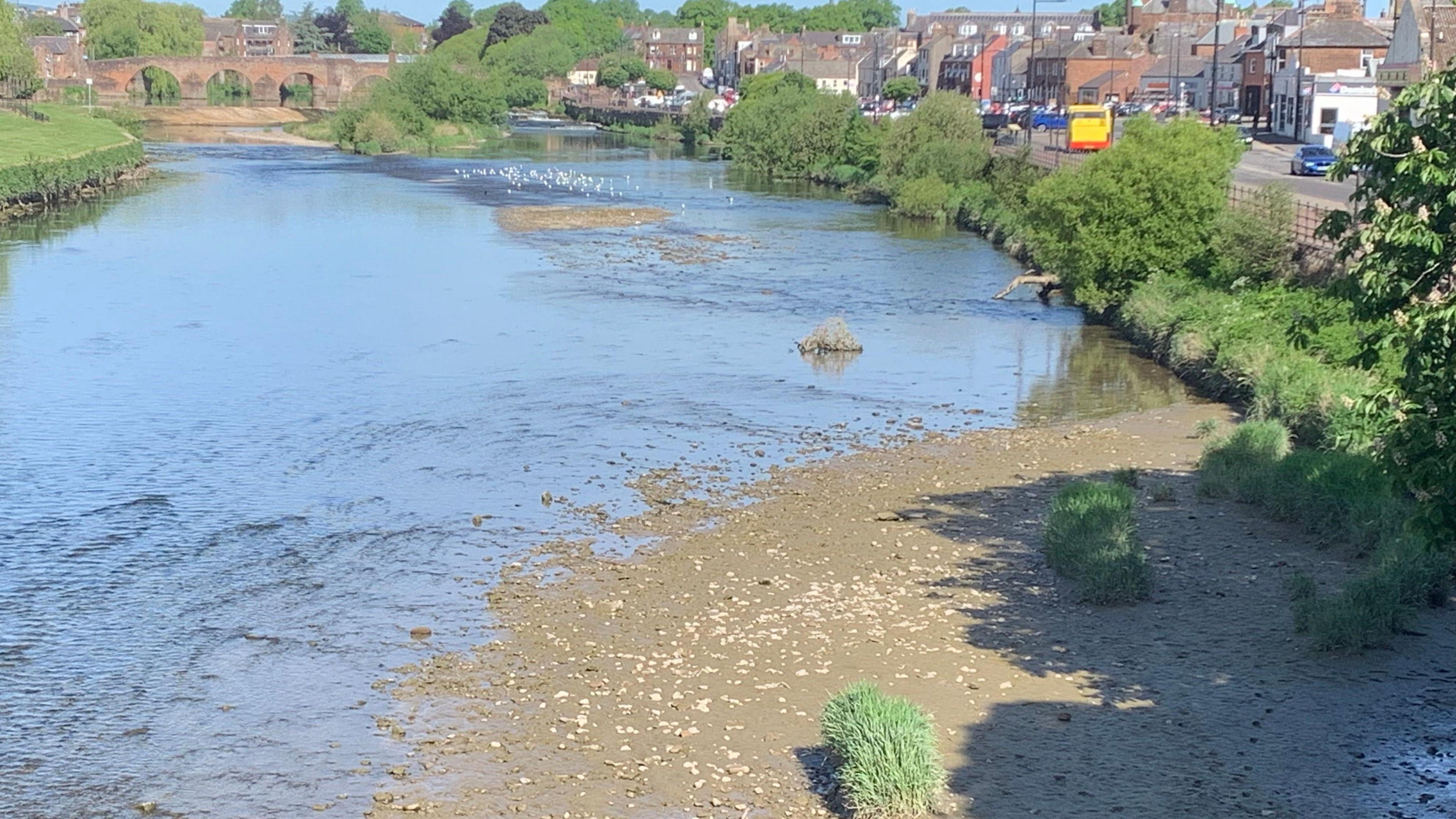 a body of water which has exposed a muddy waterbed.