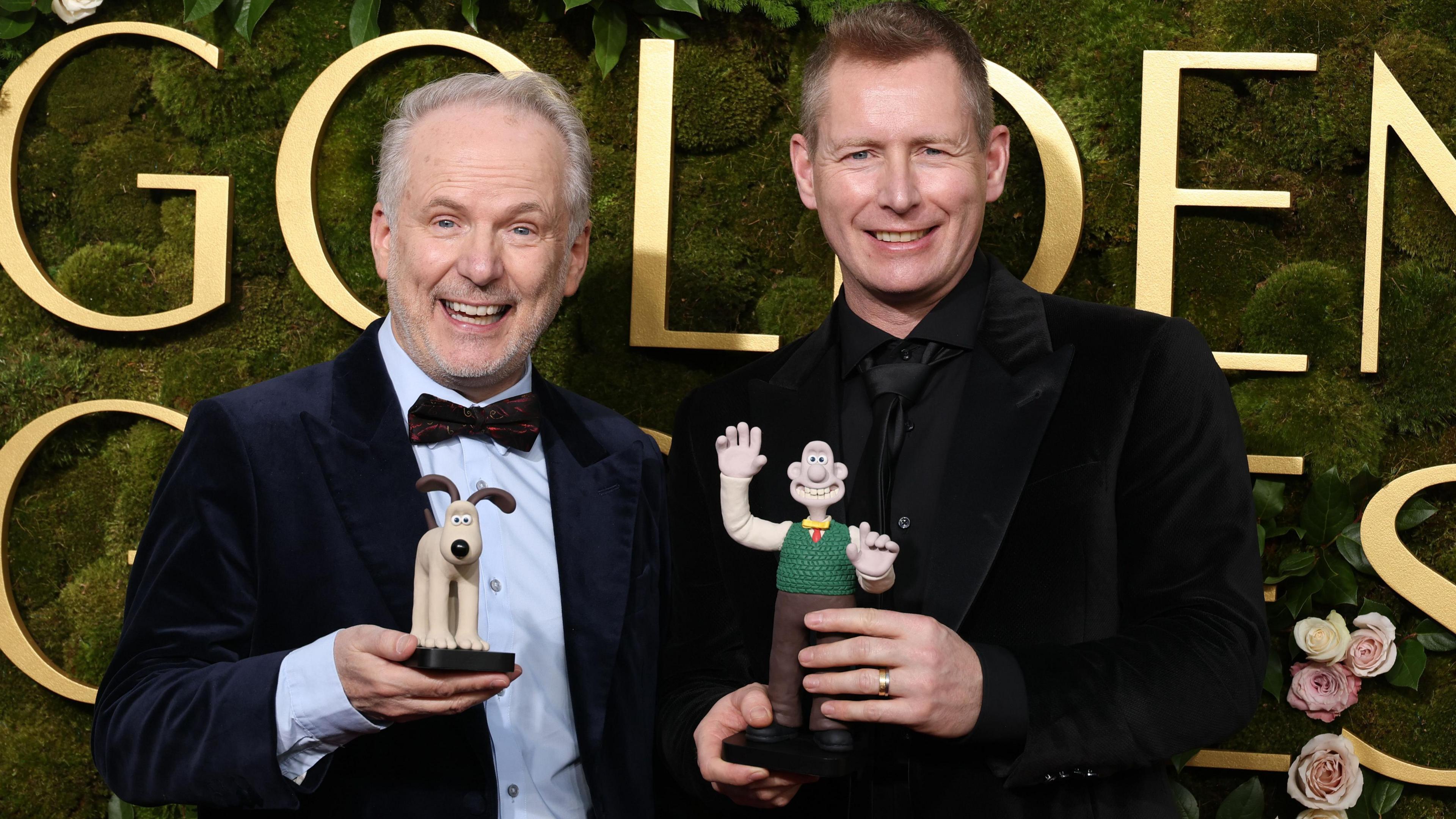 Nick Park and Merlin Crossingham attend the 82nd Annual Golden Globe Awards at The Beverly Hilton on January 05, 2025 in Beverly Hills, California