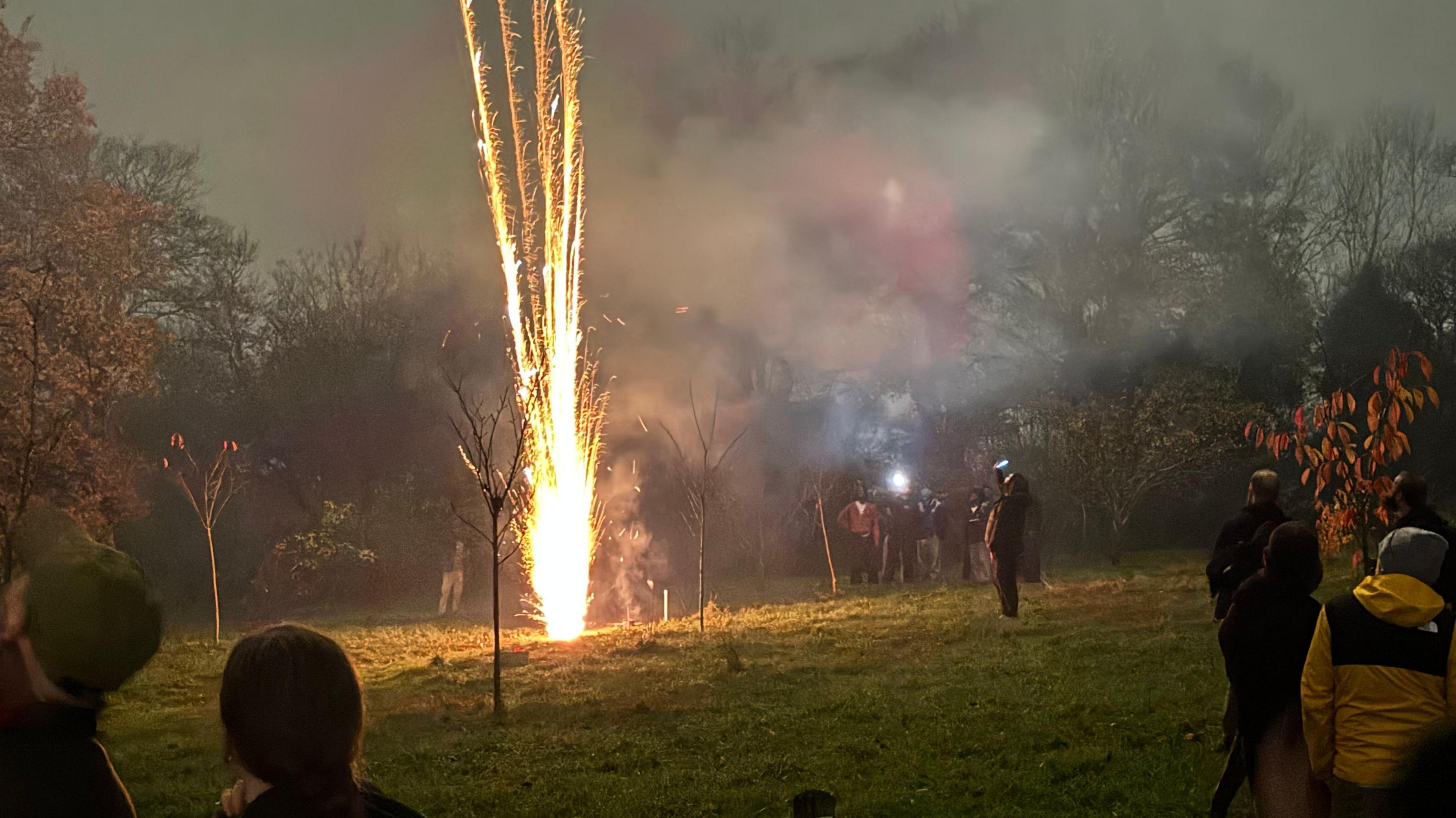 Firework being set off in a Glasgow park with people gathered round.