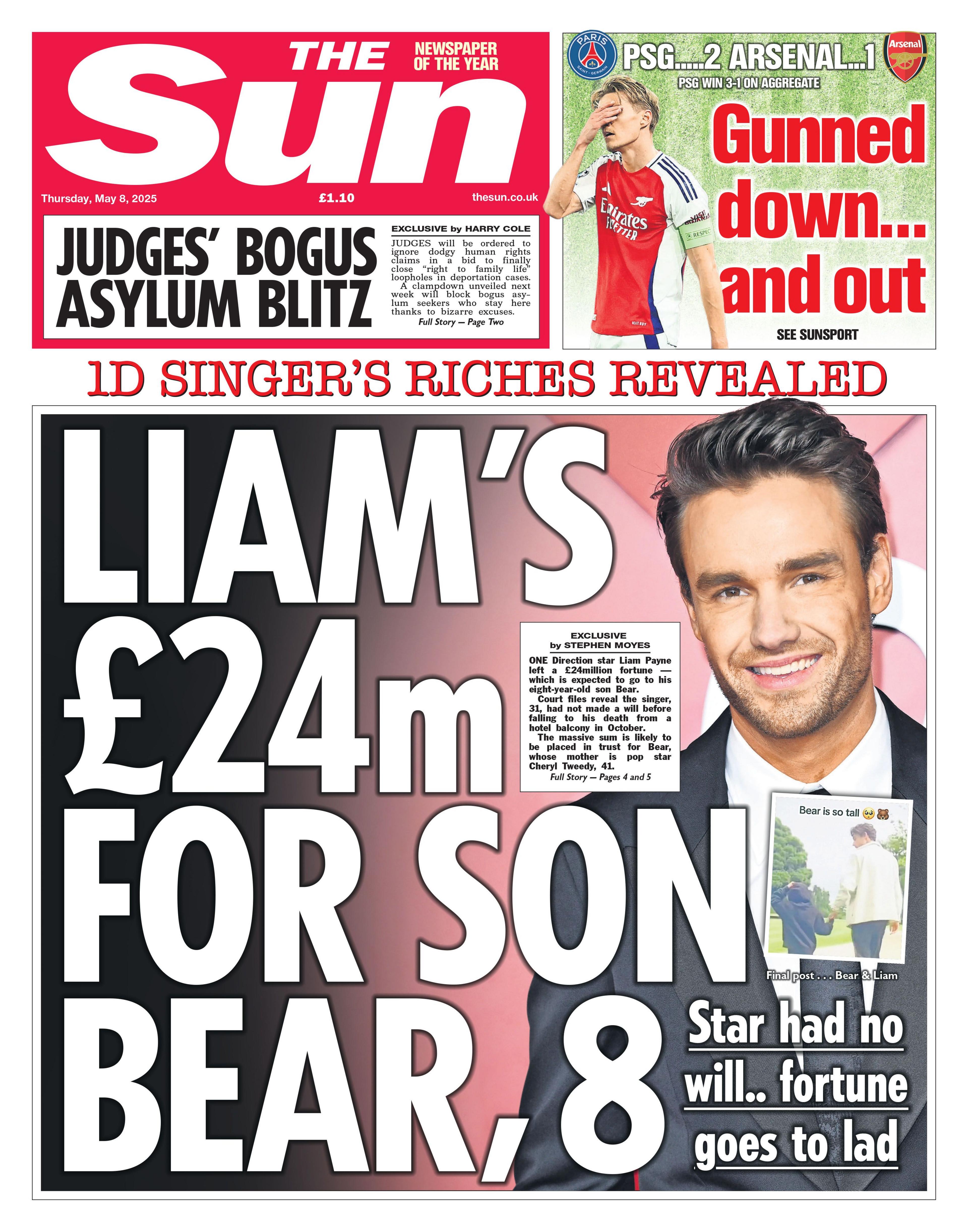 The Sun's front page states "Liam's £24m for son Bear, 8". It shows a picture of the late singer, Liam Payne, wearing a suit and tie. There is also a smaller picture showing Payne holding hands with his young son.