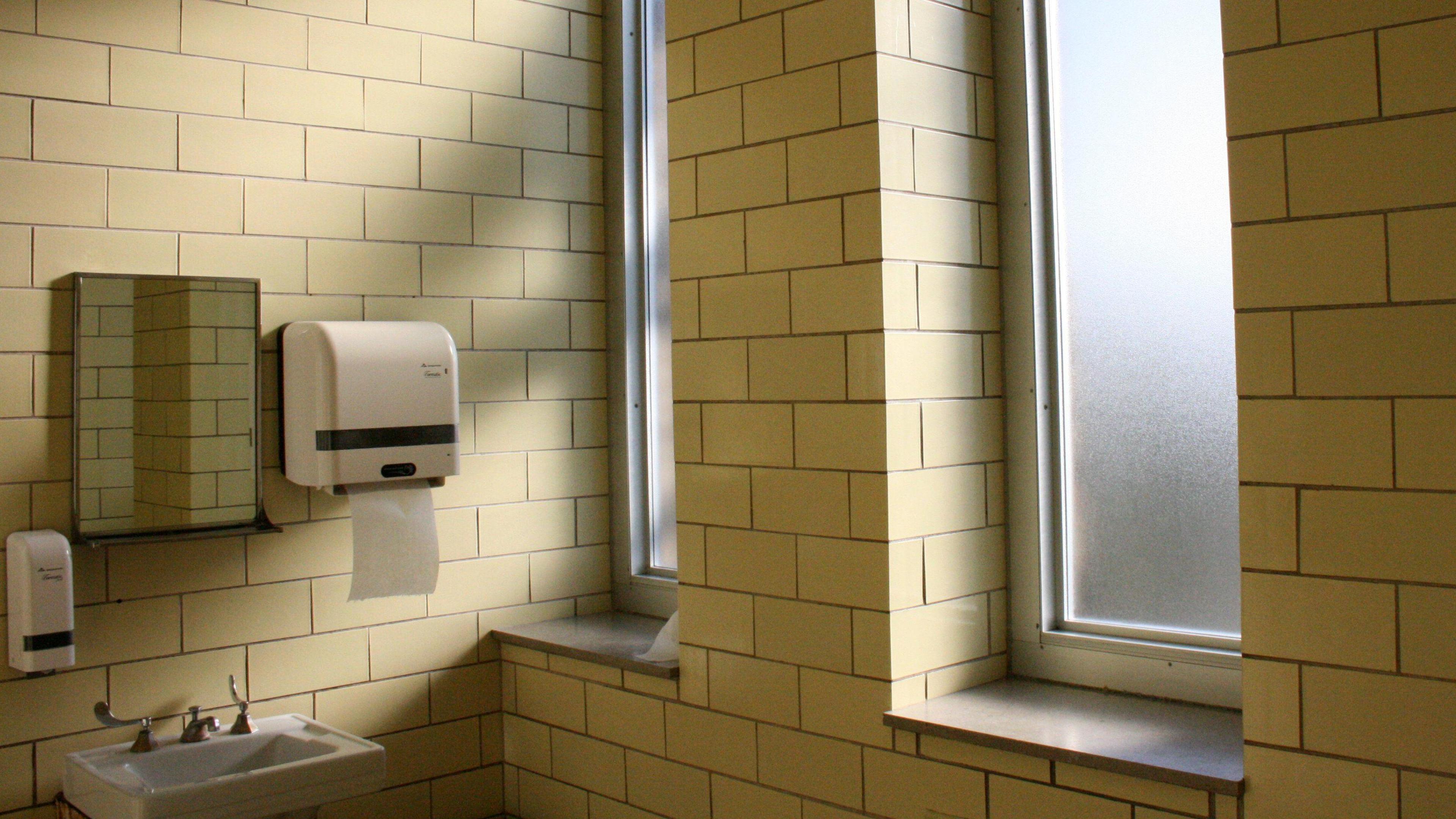 Photo of beige-tiled a toilet block. There is a sink with a mirror, soap dispenser and paper dispenser above. There are two windows on the wall beside the sink.
