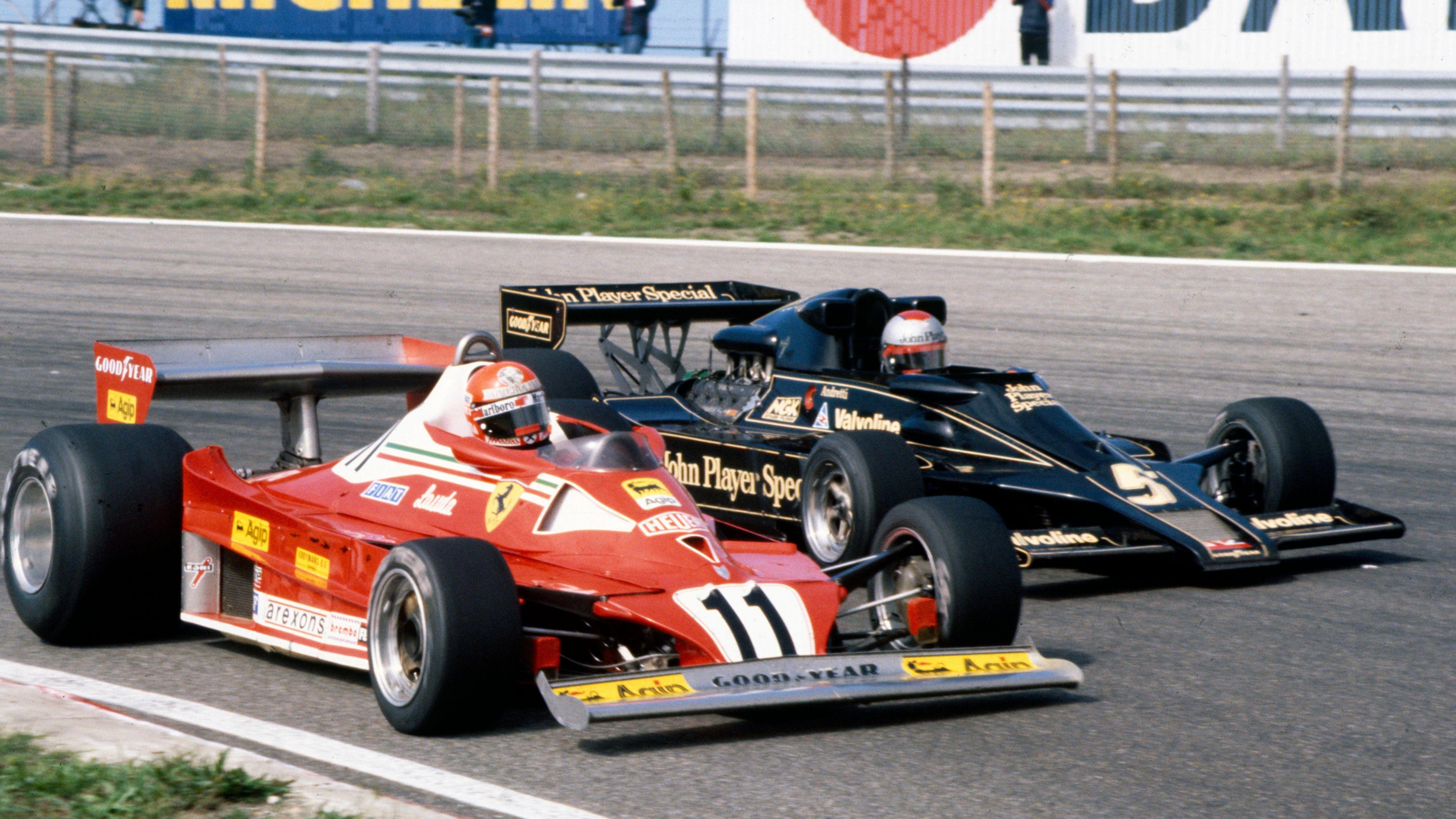 Ferrari's Niki Lauda and Lotus' Mario Andretti side by side during the 1977 Dutch Grand Prix