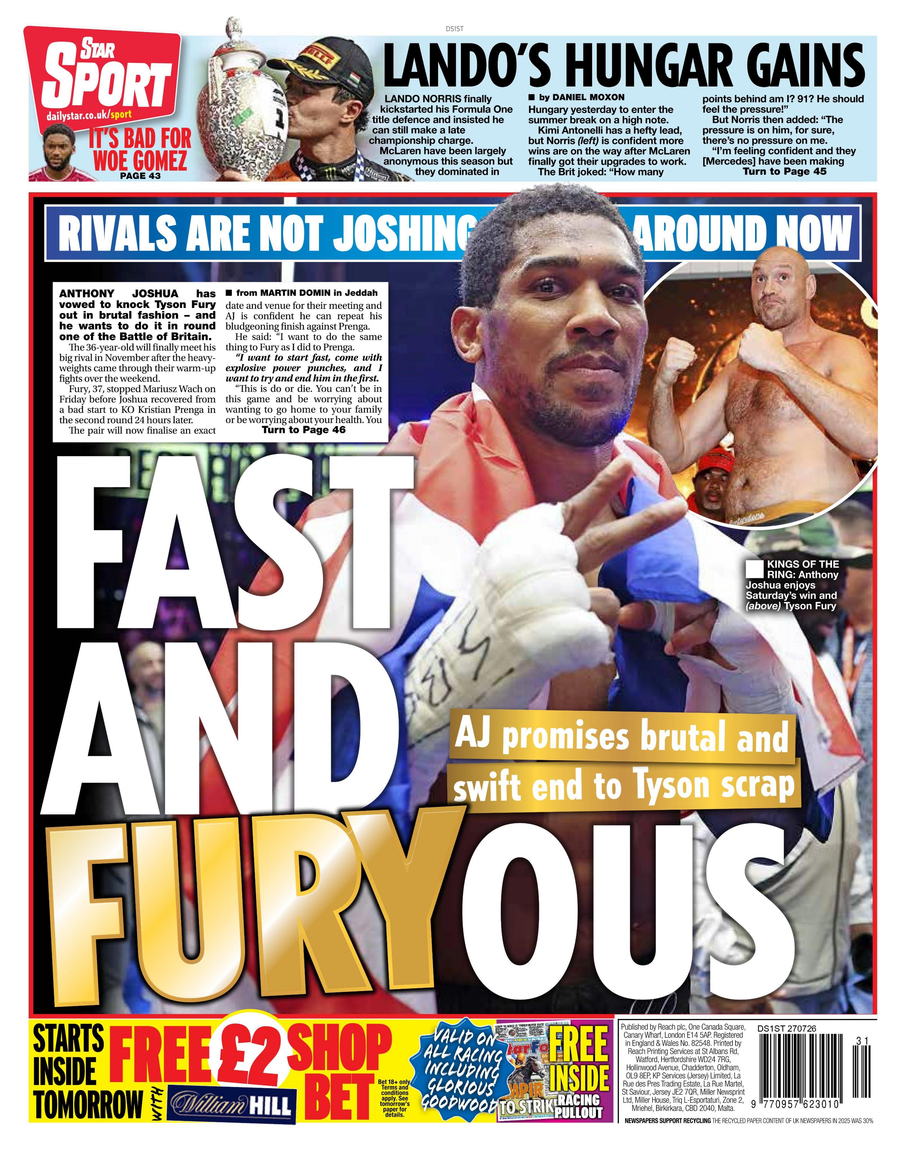 Back page of the Daily Star on 27 July 2026