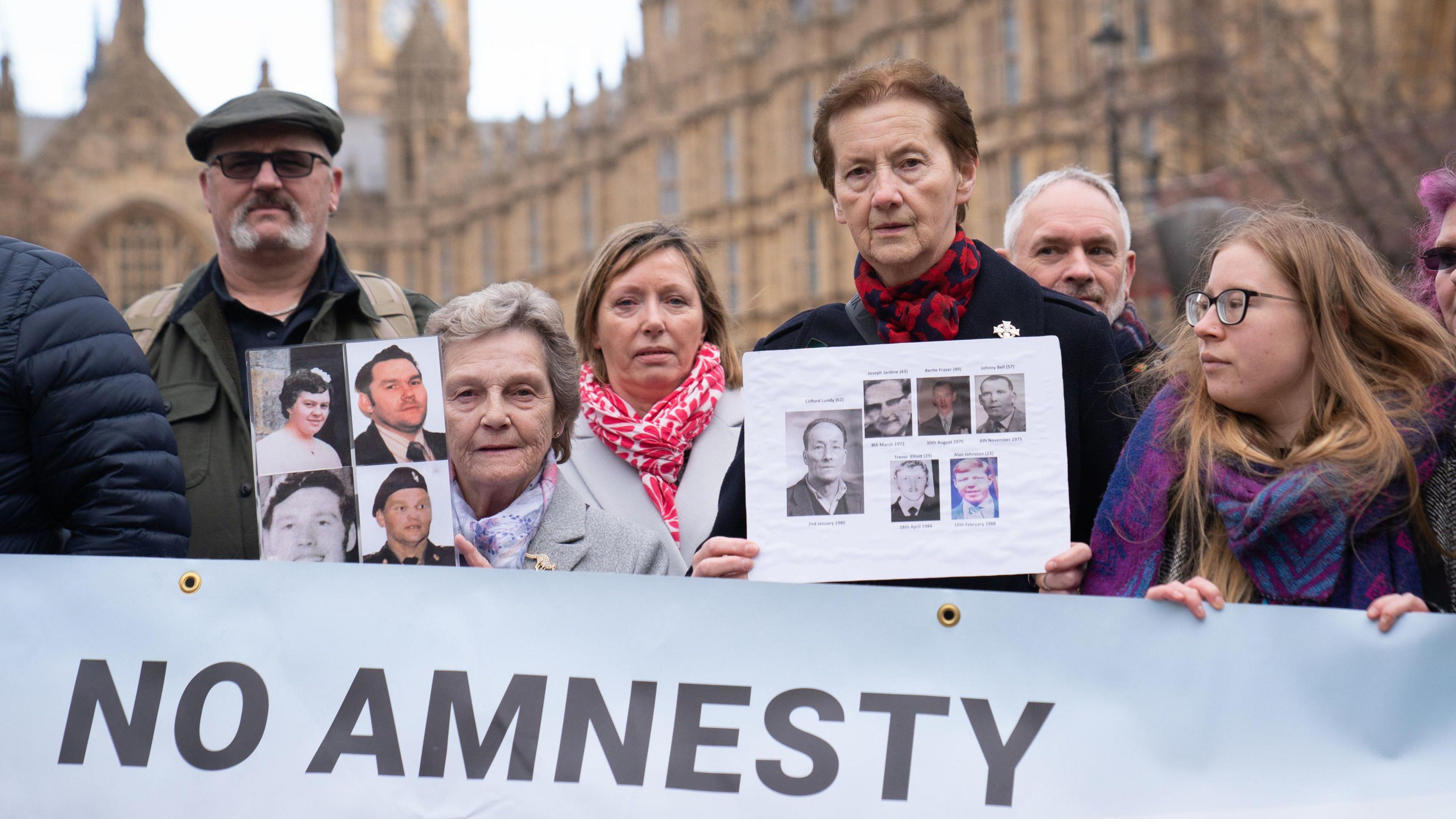 Members of the victims group South East Fermanagh Foundation (SEFF) demonstrate outside the Houses Of Parliament in Westminster before meeting with members of The House of Lords as the second reading of the Northern Ireland Troubles (Legacy and Reconciliation) Bill proceeds.