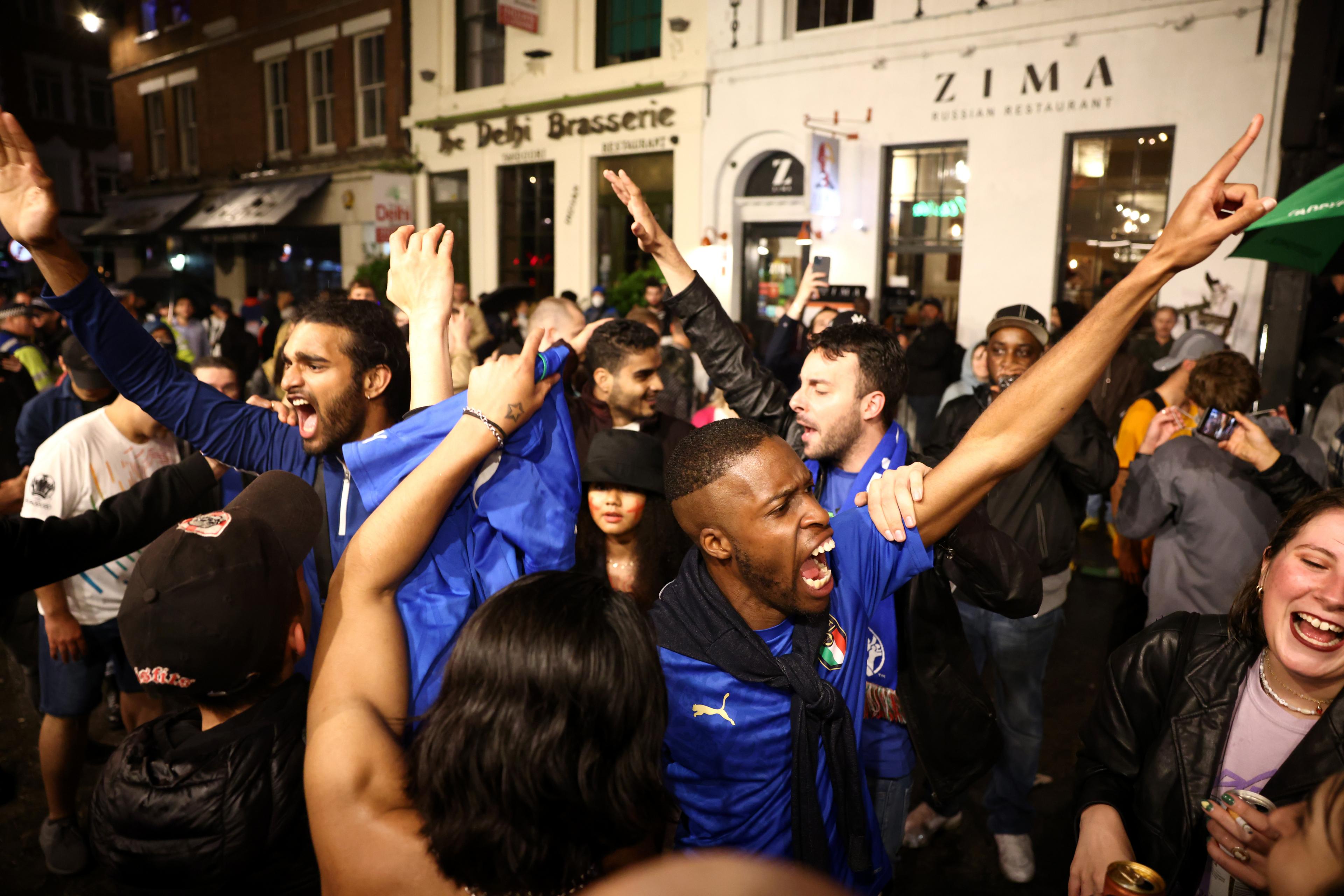 Italy fans celebrate after winning the Euro 2020 at Soho London"s West End