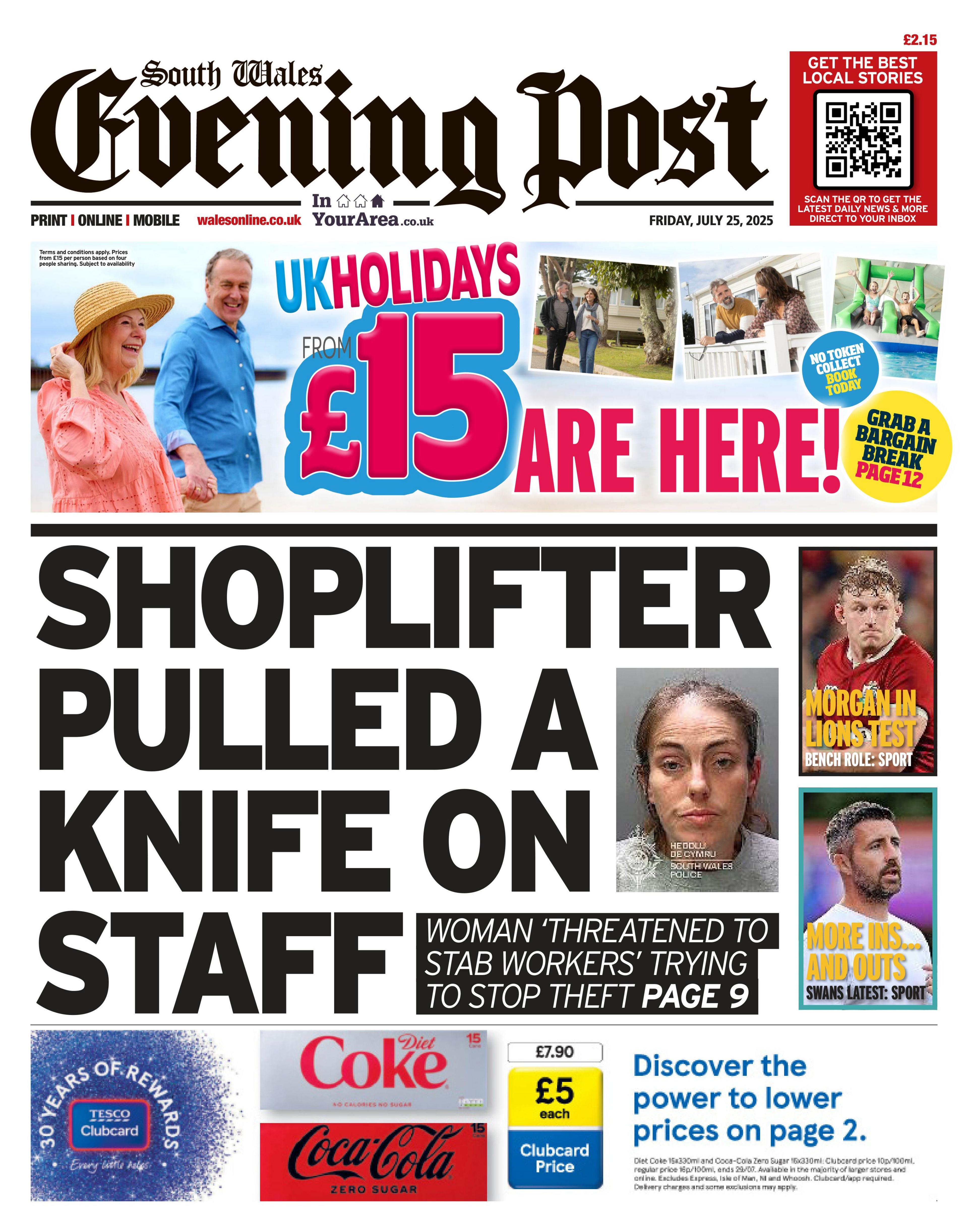 Main headline: Shoplifter pulled a knife on staff. Other headline: Woman 'threatened to stab workers' trying to stop theft. Headline sits next to a police mugshot of a woman with brown hair.