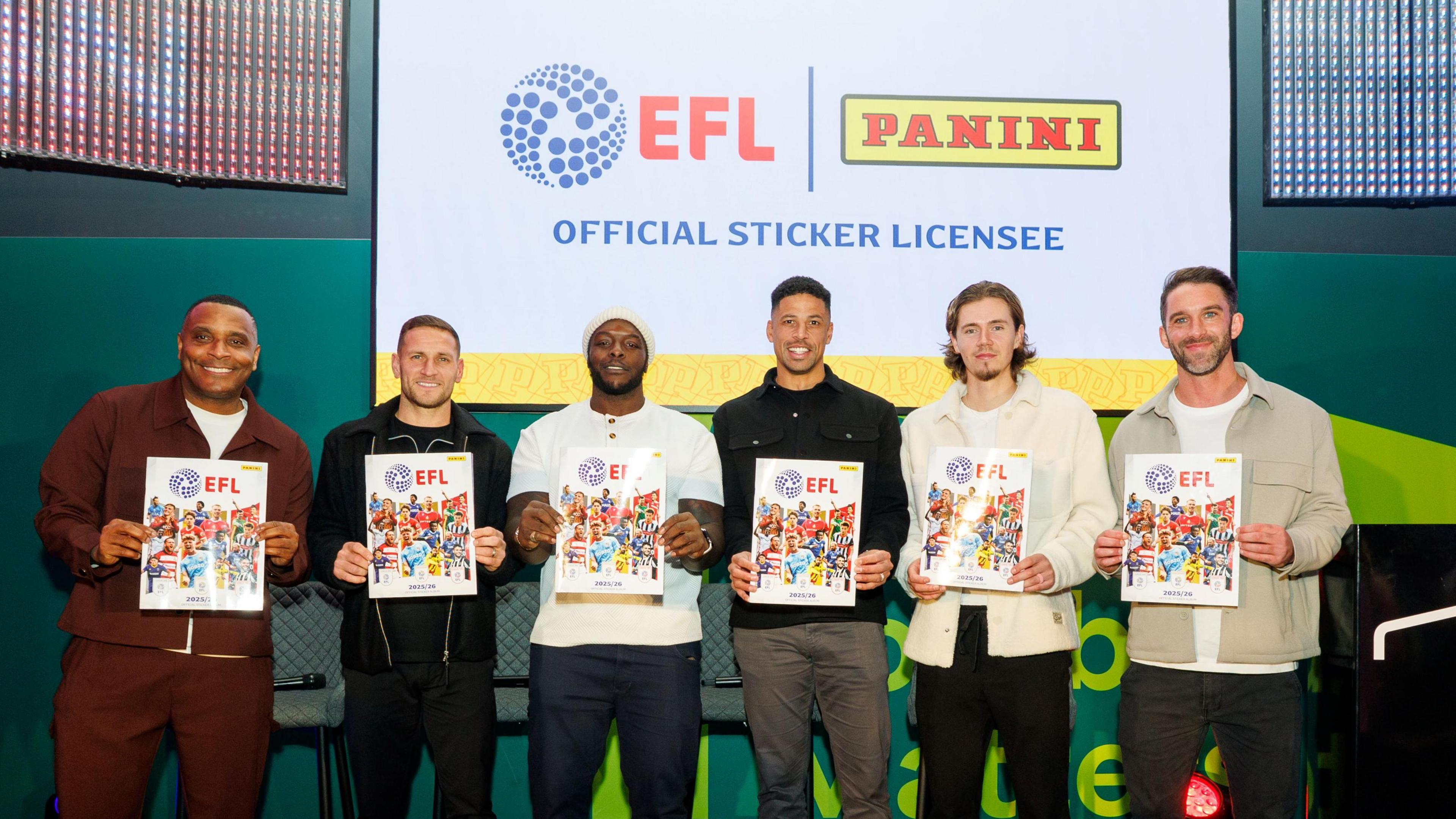 (L-R) Clinton Morrison, Billy Sharp, Adebayo Akinfenwa, Curtis Davies, Todd Cantwell and Will Grigg helped launch the new EFL sticker collection