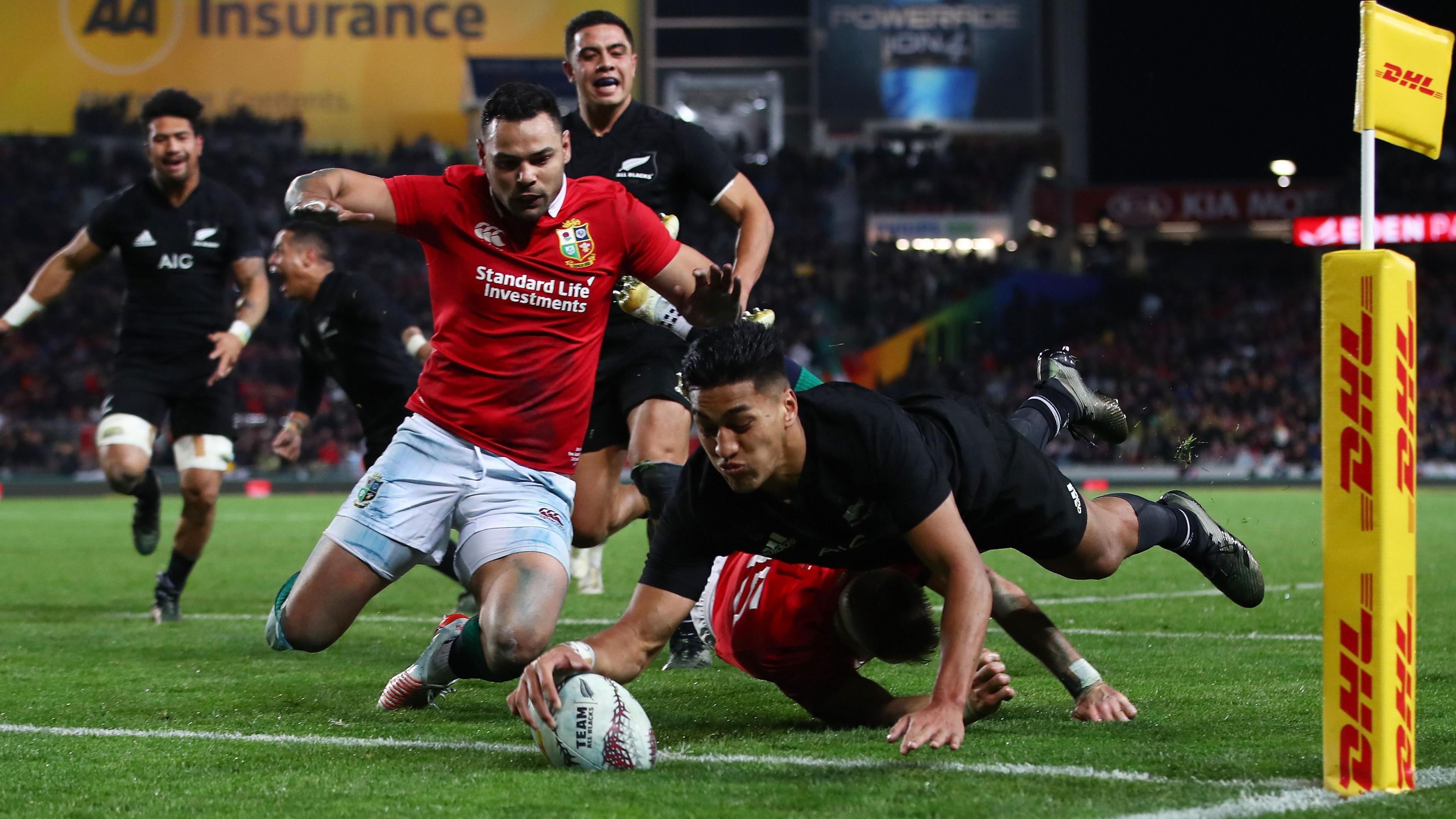Rieko Ioane scores a try against the British and Irish Lions in 2017