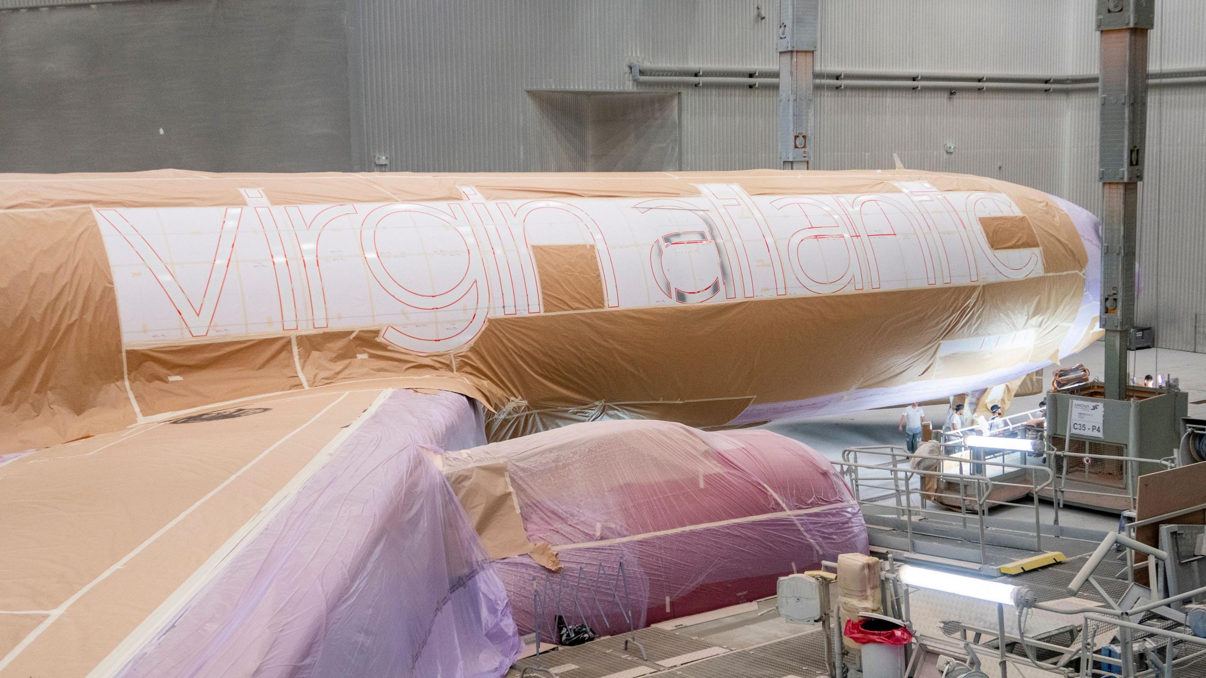 Virgin Airbus jet in factory