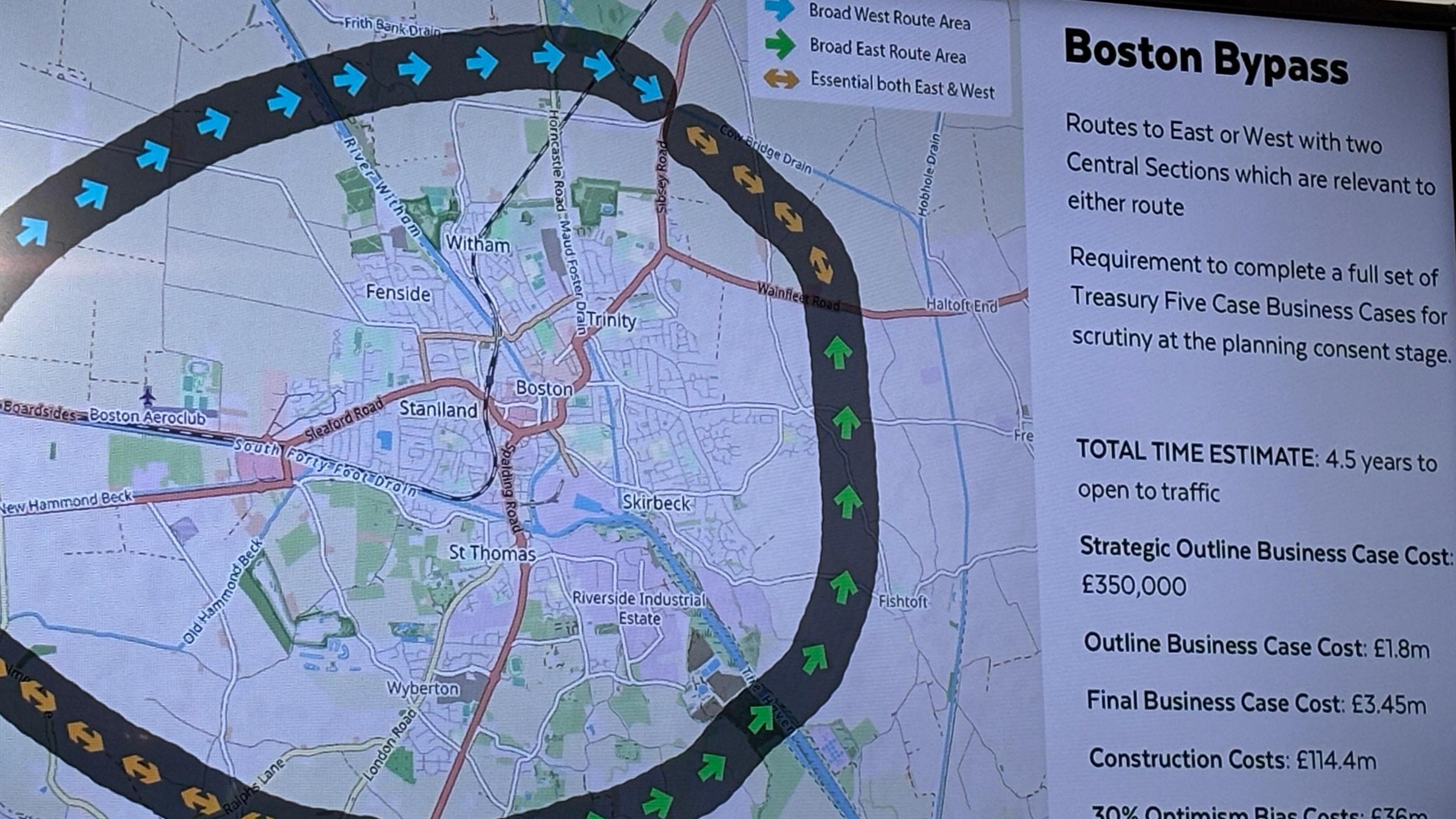Display showing a map and route of the proposed Boston bypass. There are coloured arrows marking the route of the bypass.