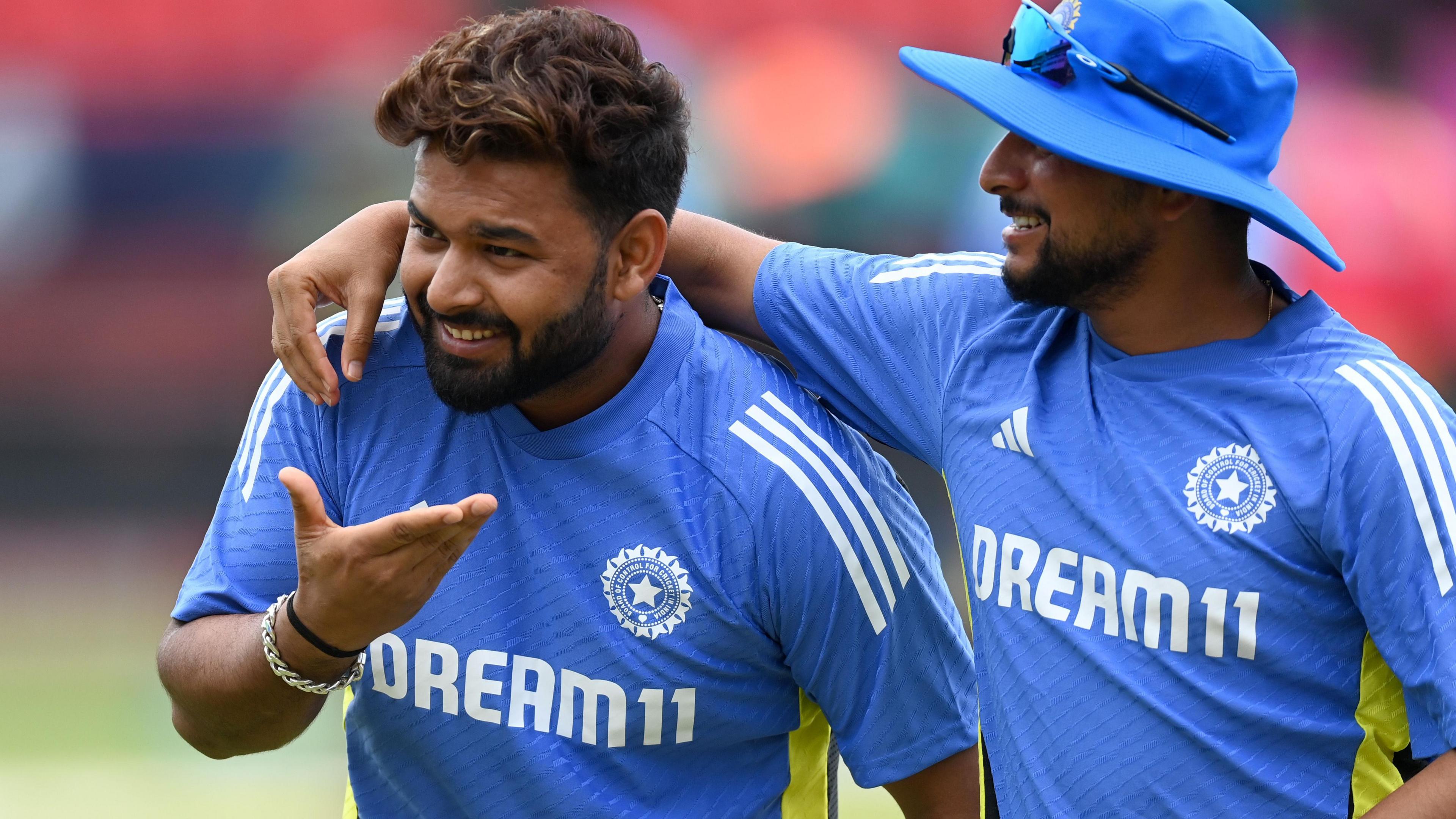 Rishabh Pant and Kuldeep Yadav of India during a net session as part of the ICC Men's T20 Cricket World Cup West Indies & USA 2024 at Providence Stadium on June 26, 2024 in Georgetown, Guyana.
