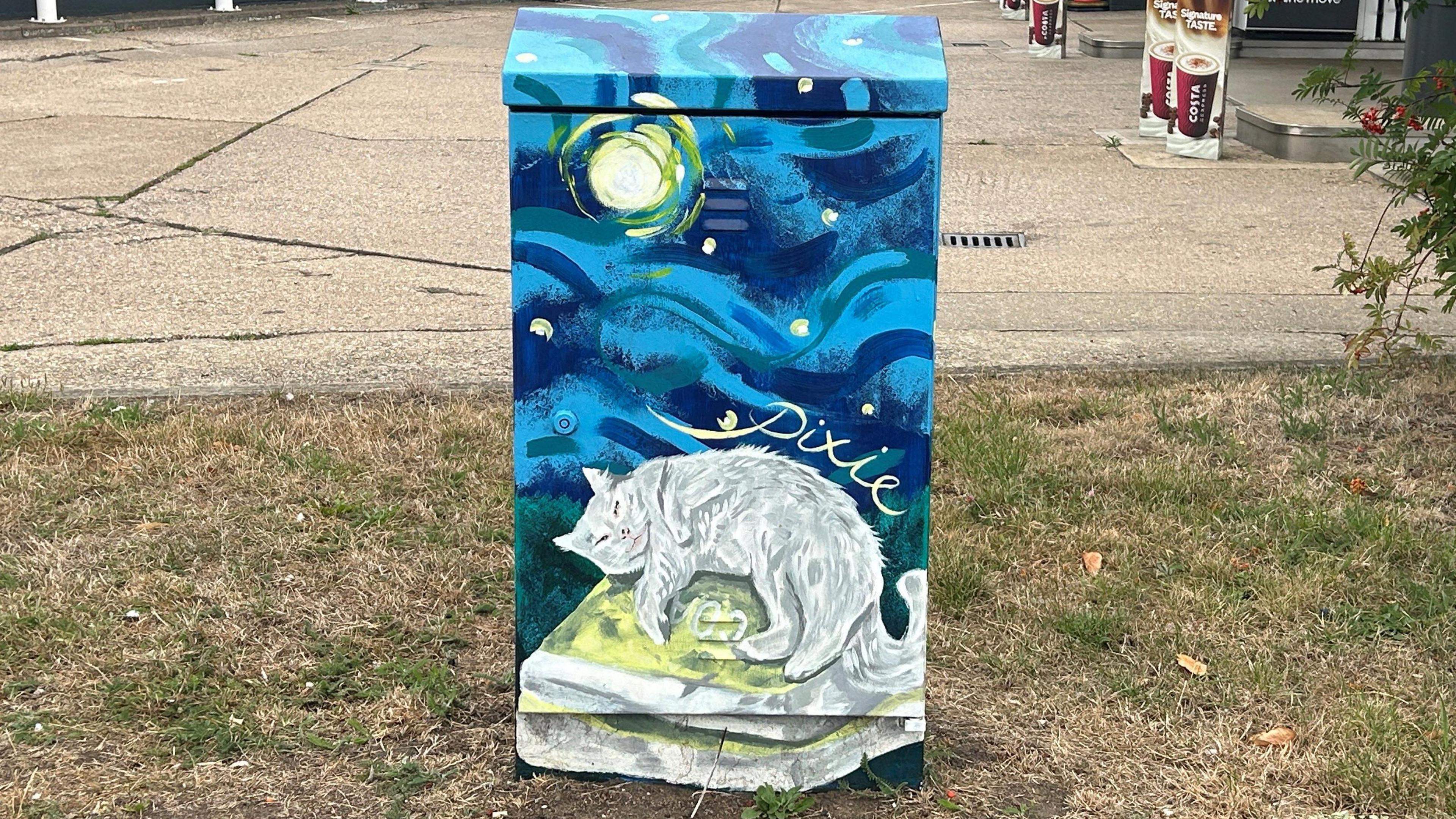 A painted electrical box, showing a blue sky, with a moon and a white cat, sitting on a bag of coals. Her name is painted above her image. There is grass around the box and a petrol station in the distance.