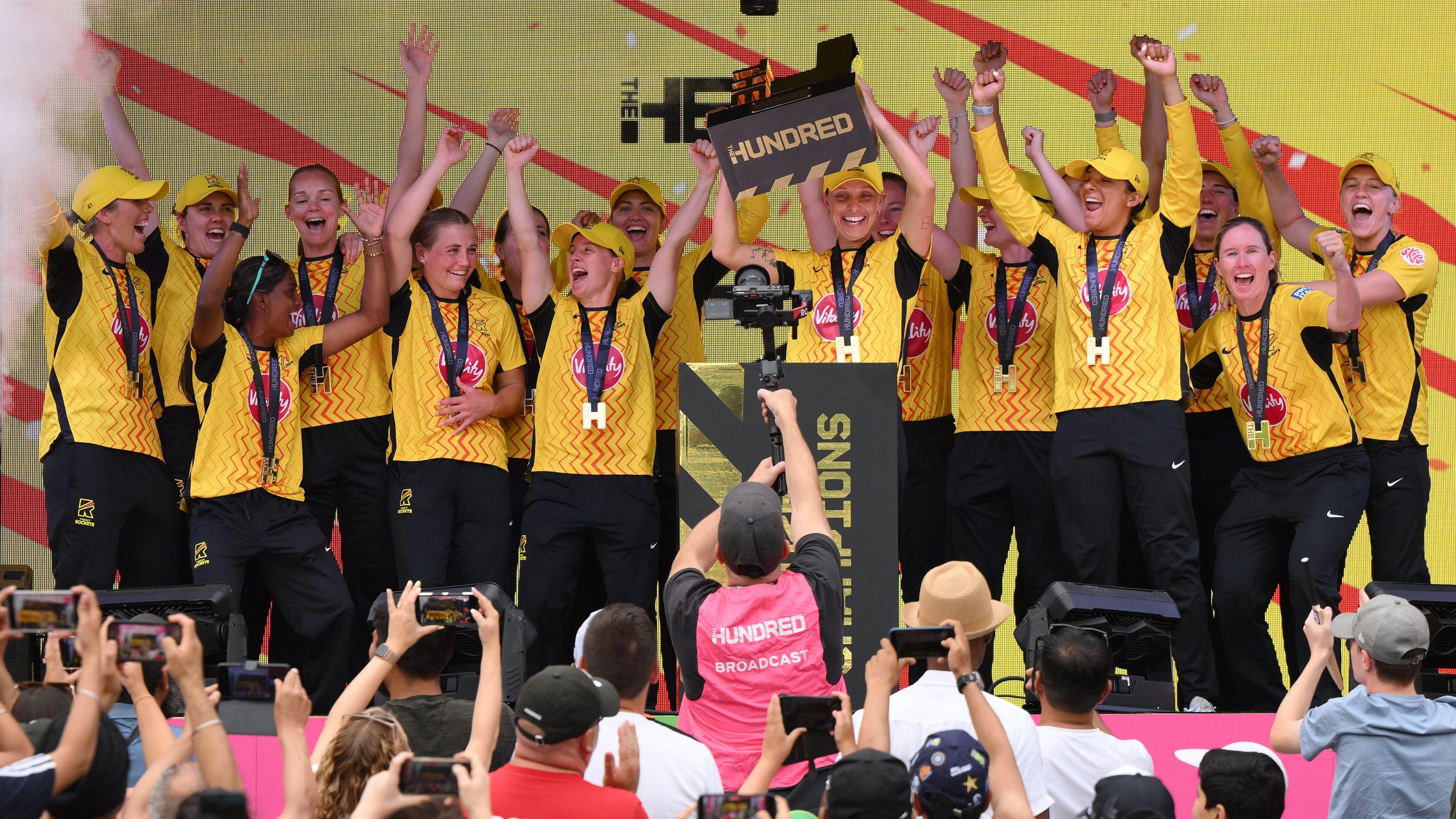 Trent Rockets women's players celebrate as they lift the 2026 Hundred trophy