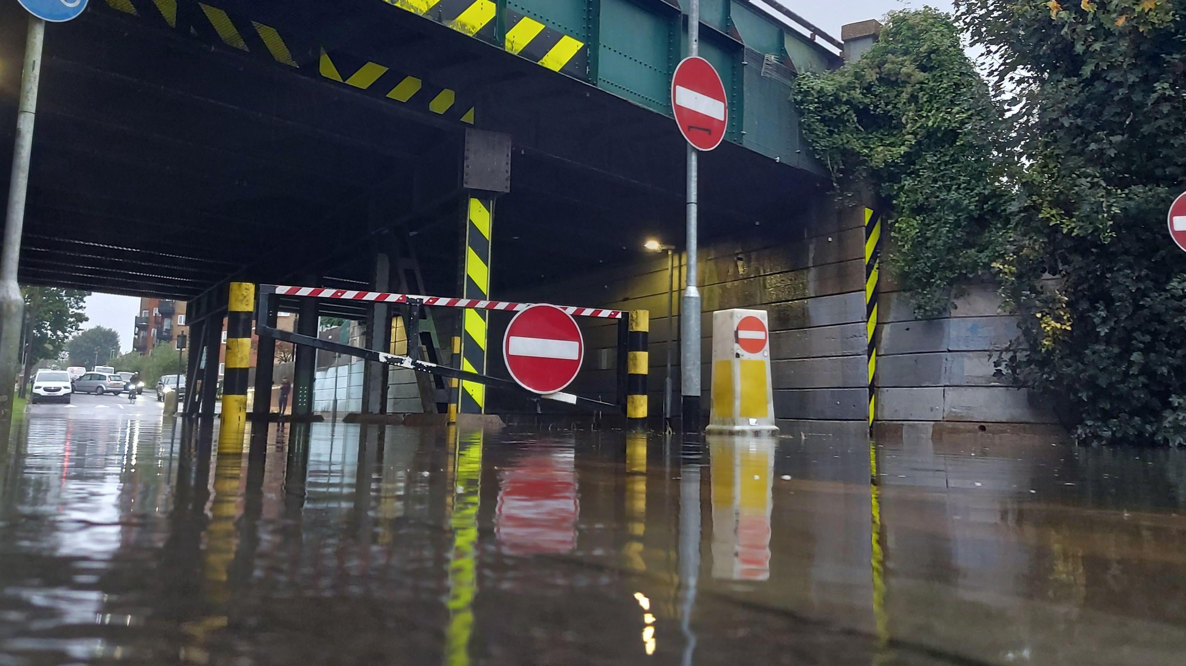 Flood water under a bridge