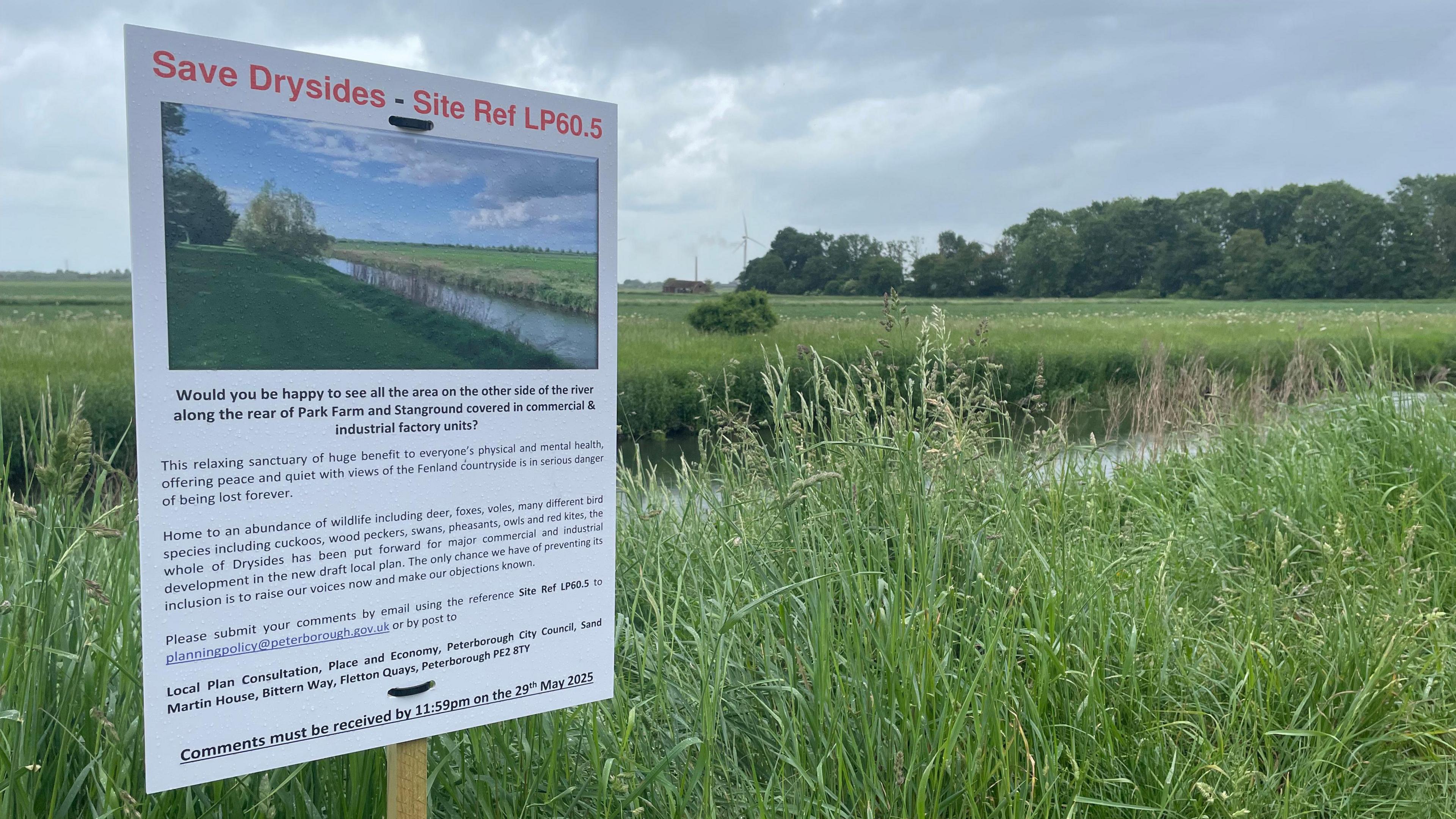 A sign says "Save Drysides" in red writing with a description of the area below. In the background is the old River Nene, with long grass either side and a field and copse in the backdrop.