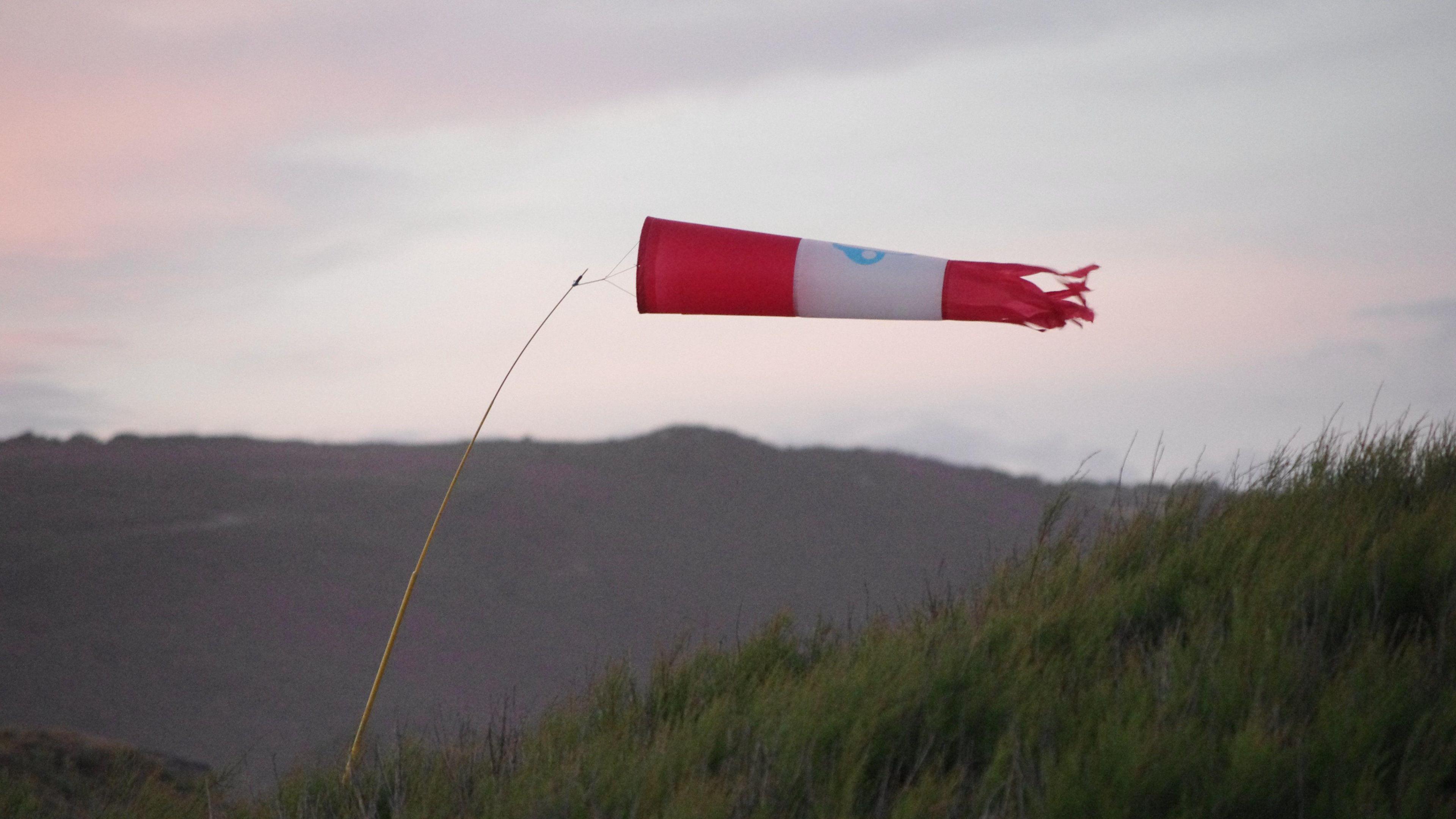 A meteorology wind bag in a field, swaying in the wind.