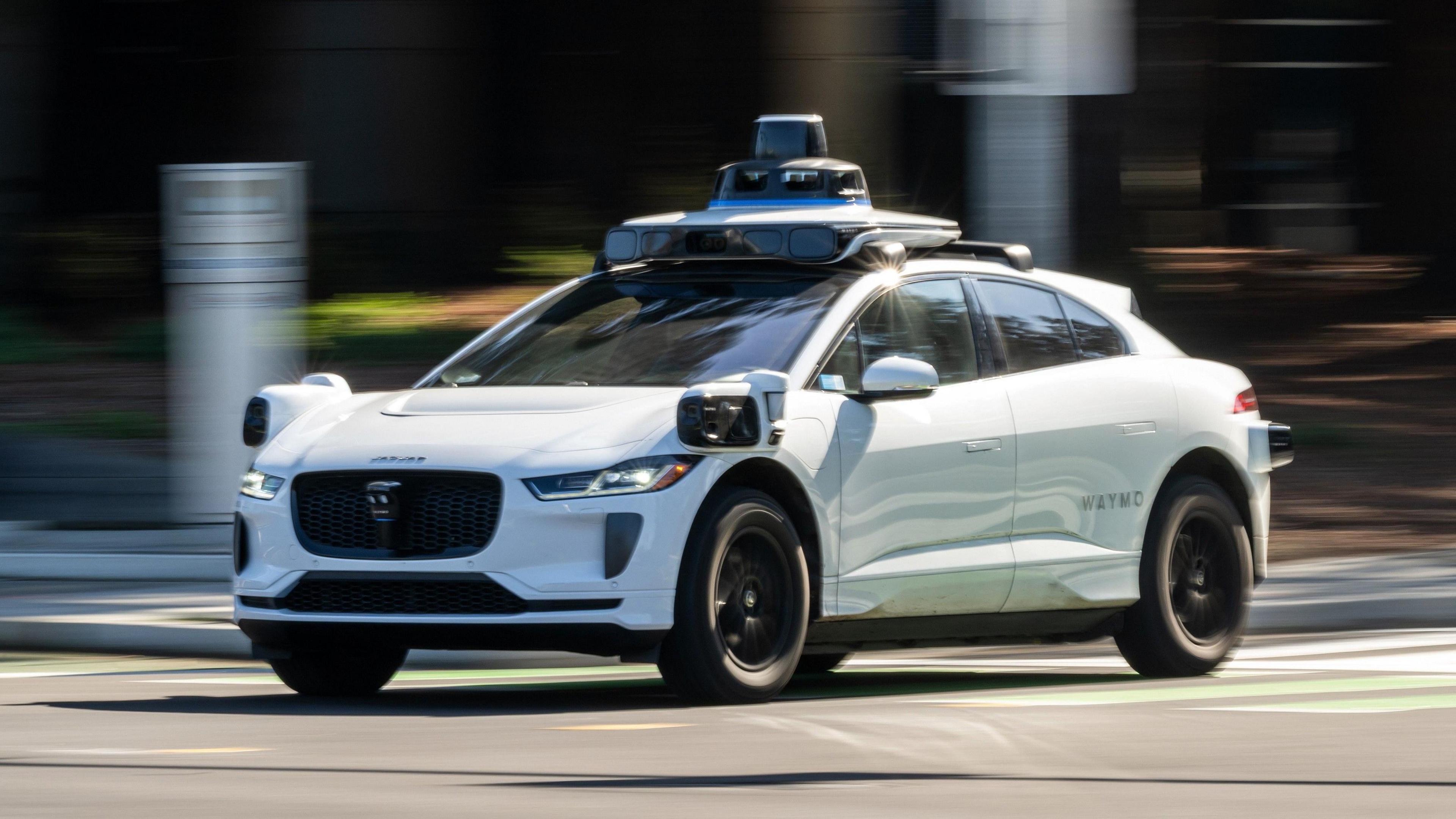 A Waymo autonomous taxi outside the Google headquarters in Mountain View, California.