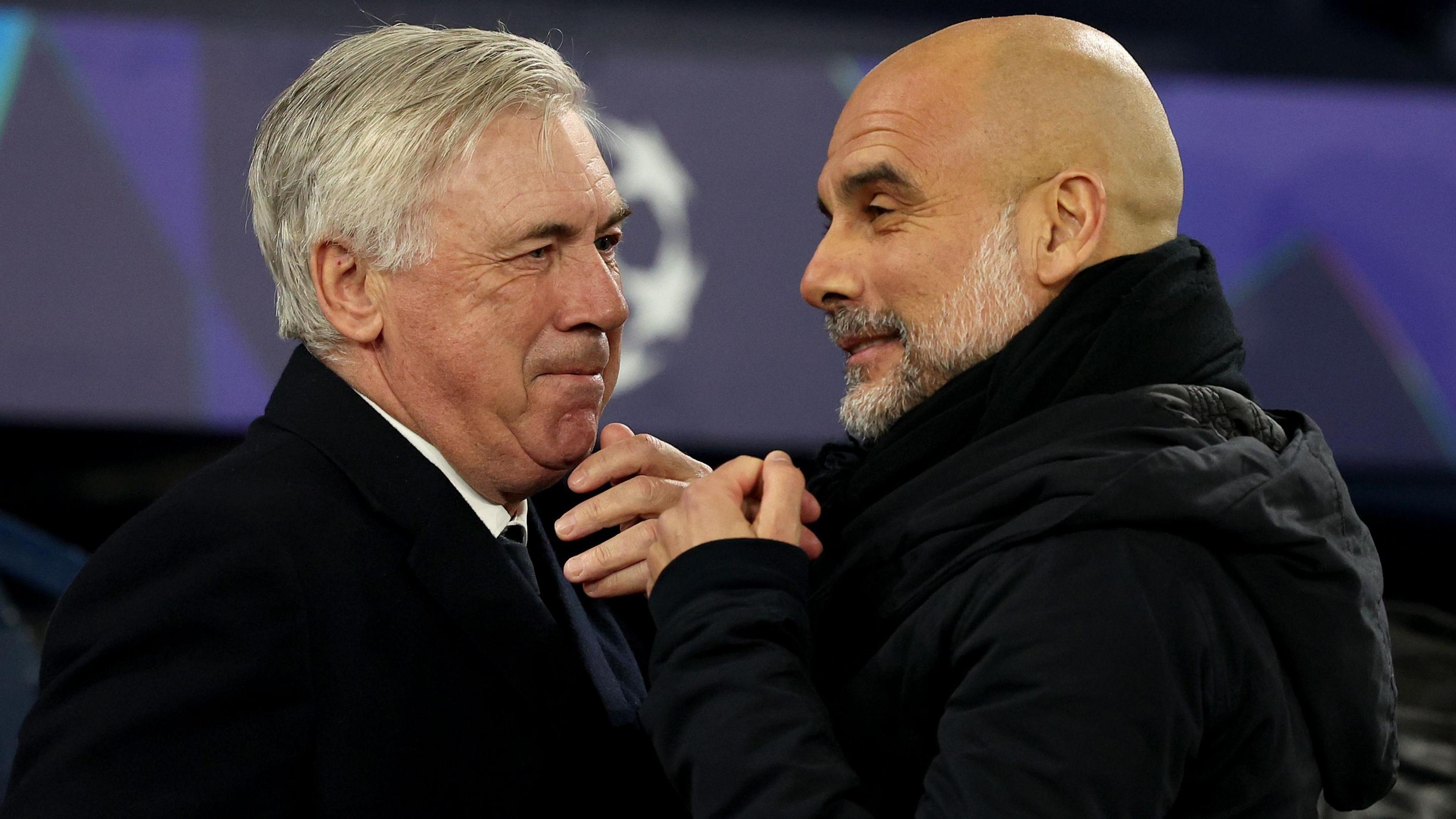 Carlo Ancelotti and Pep Guardiola share a warm embrace