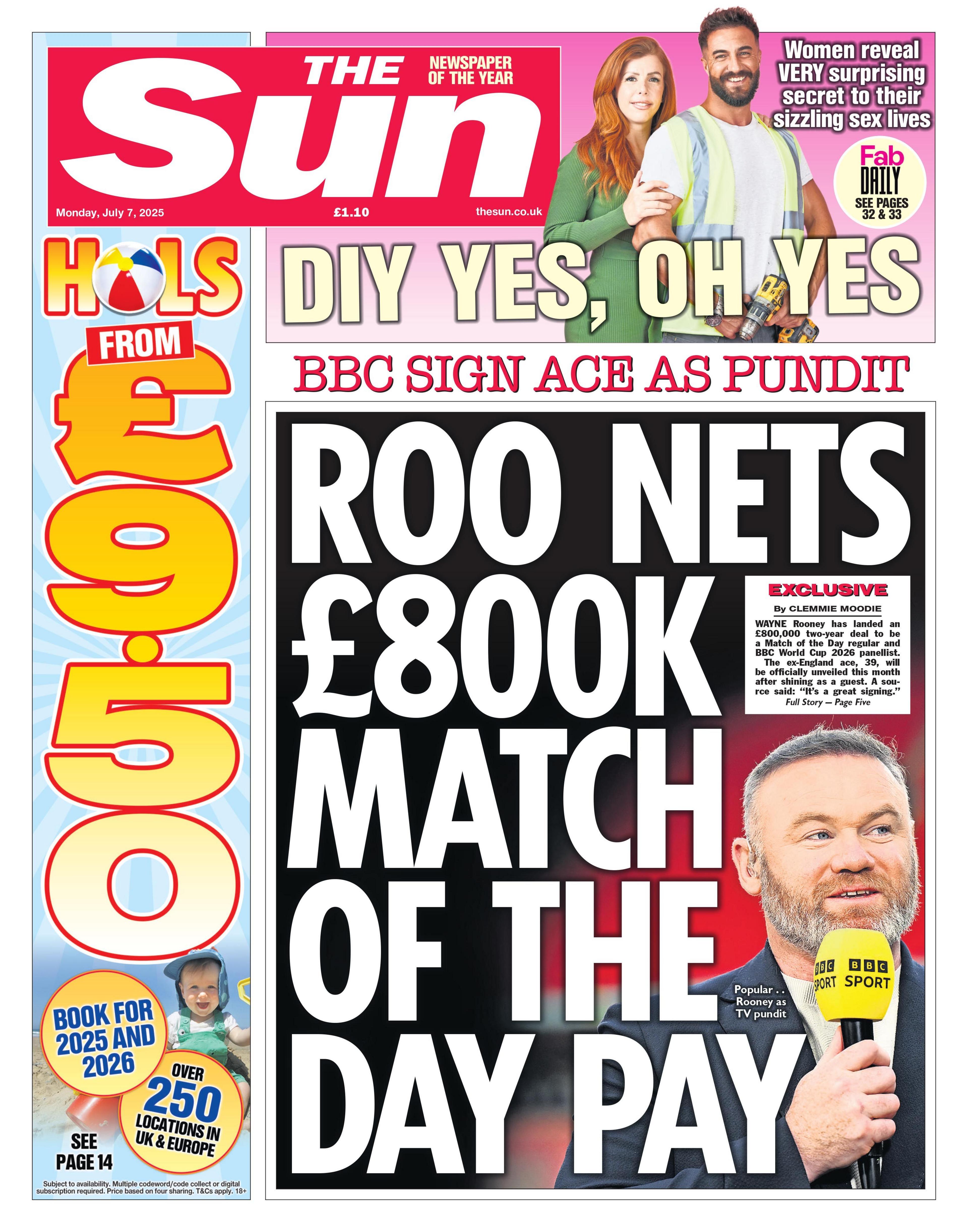 The Sun front page with a story on the BBC's new Match of the Day pundit, Wayne Rooney, and his £800,000 two-year deal.