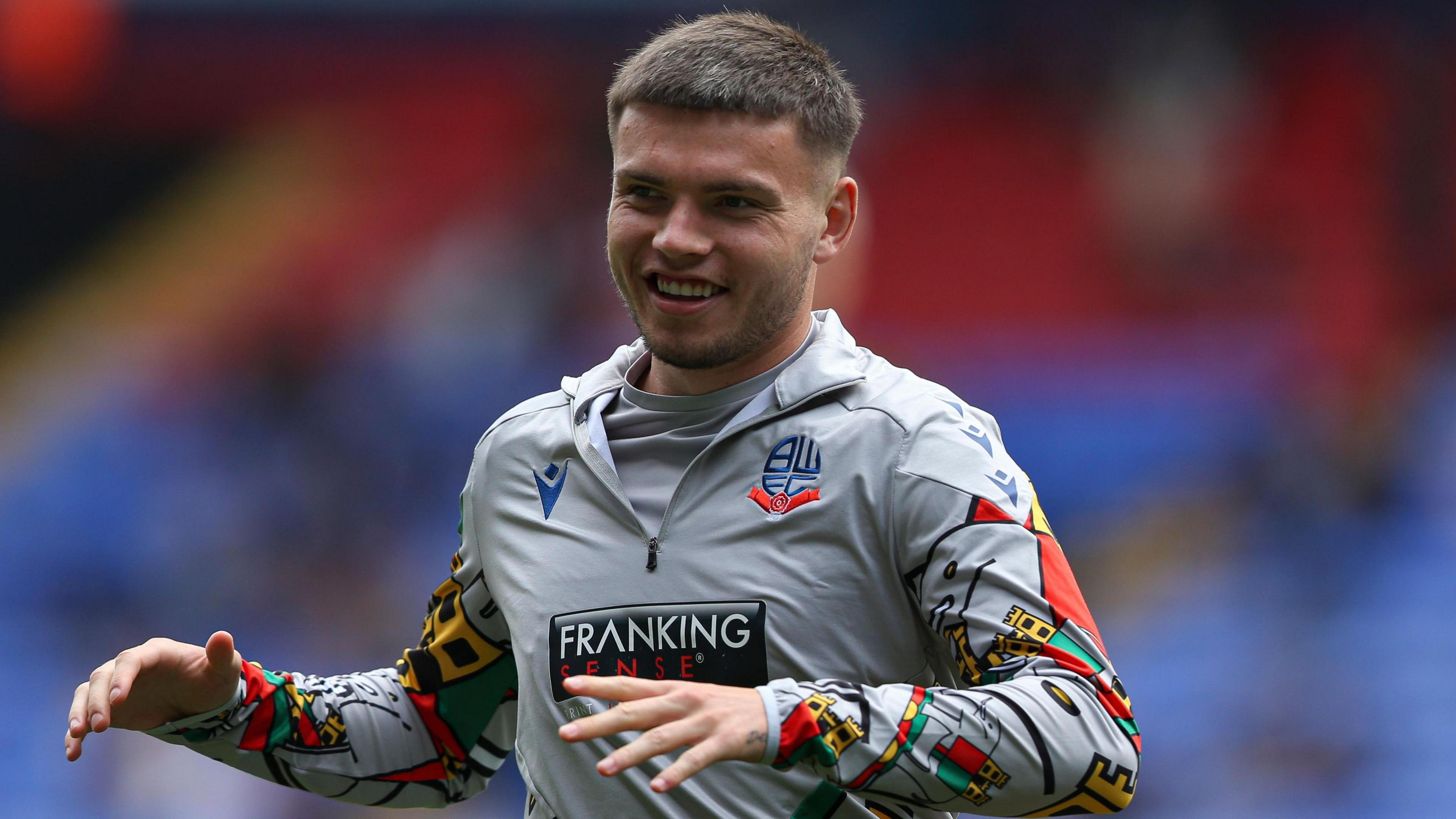 Aaron Morley on the field during a pre-game warm-up for Bolton this season