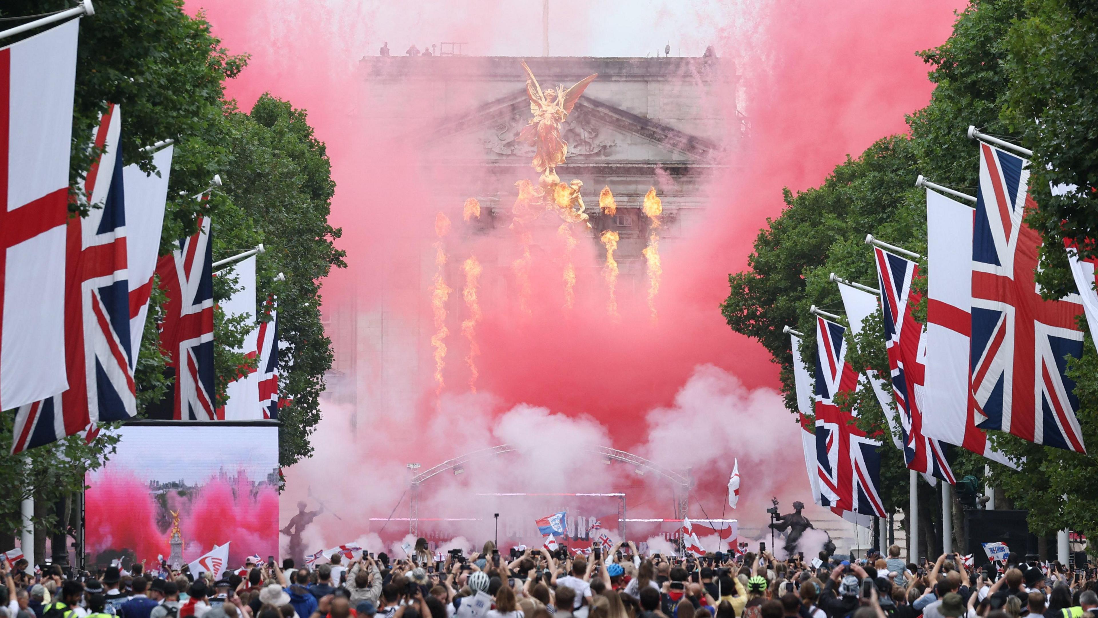 Pyrotechnics on stage at England's Euro 2025 parade
