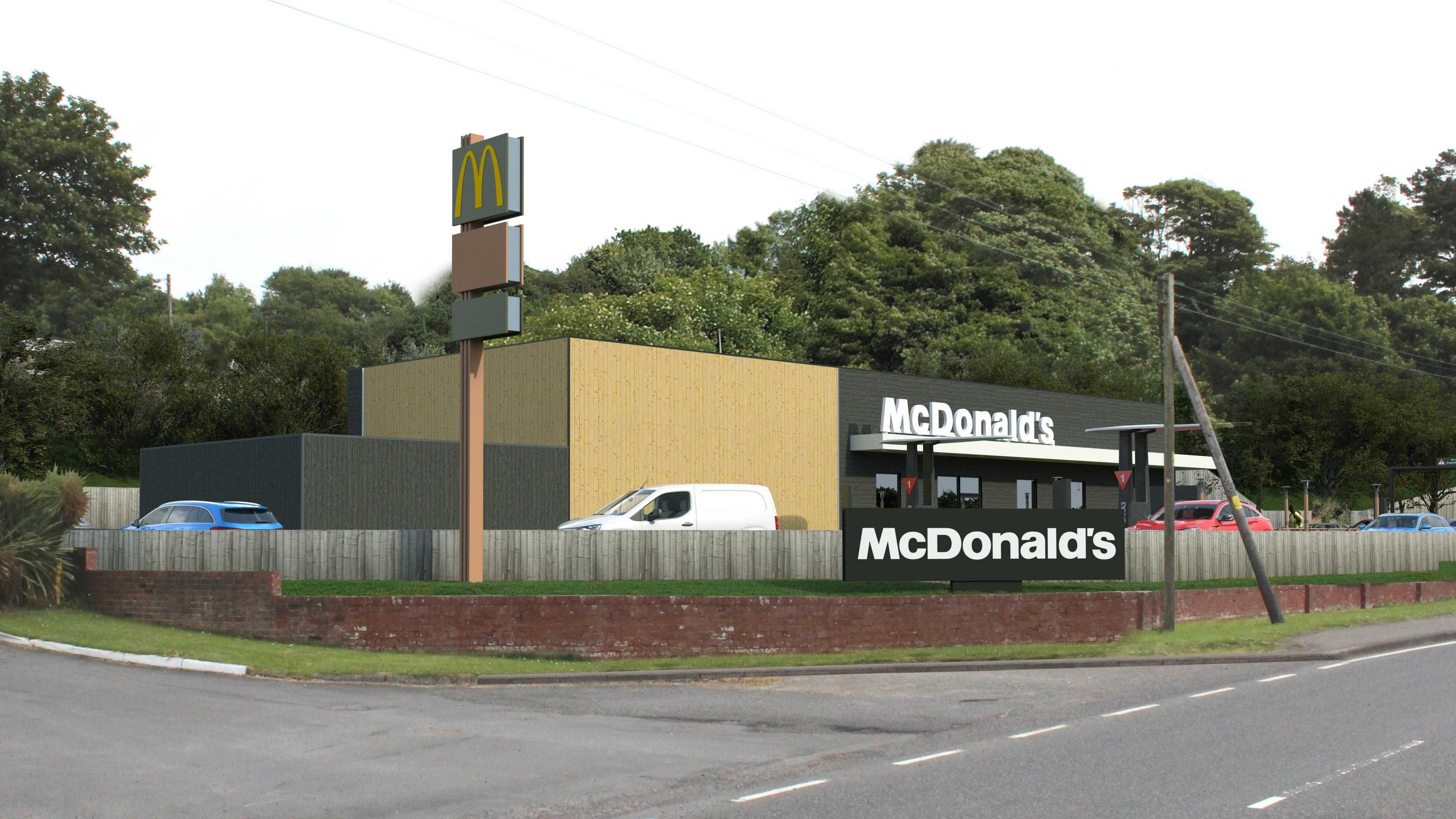 A computer-generated image showing an artist's impression of a McDonald's next to a main road