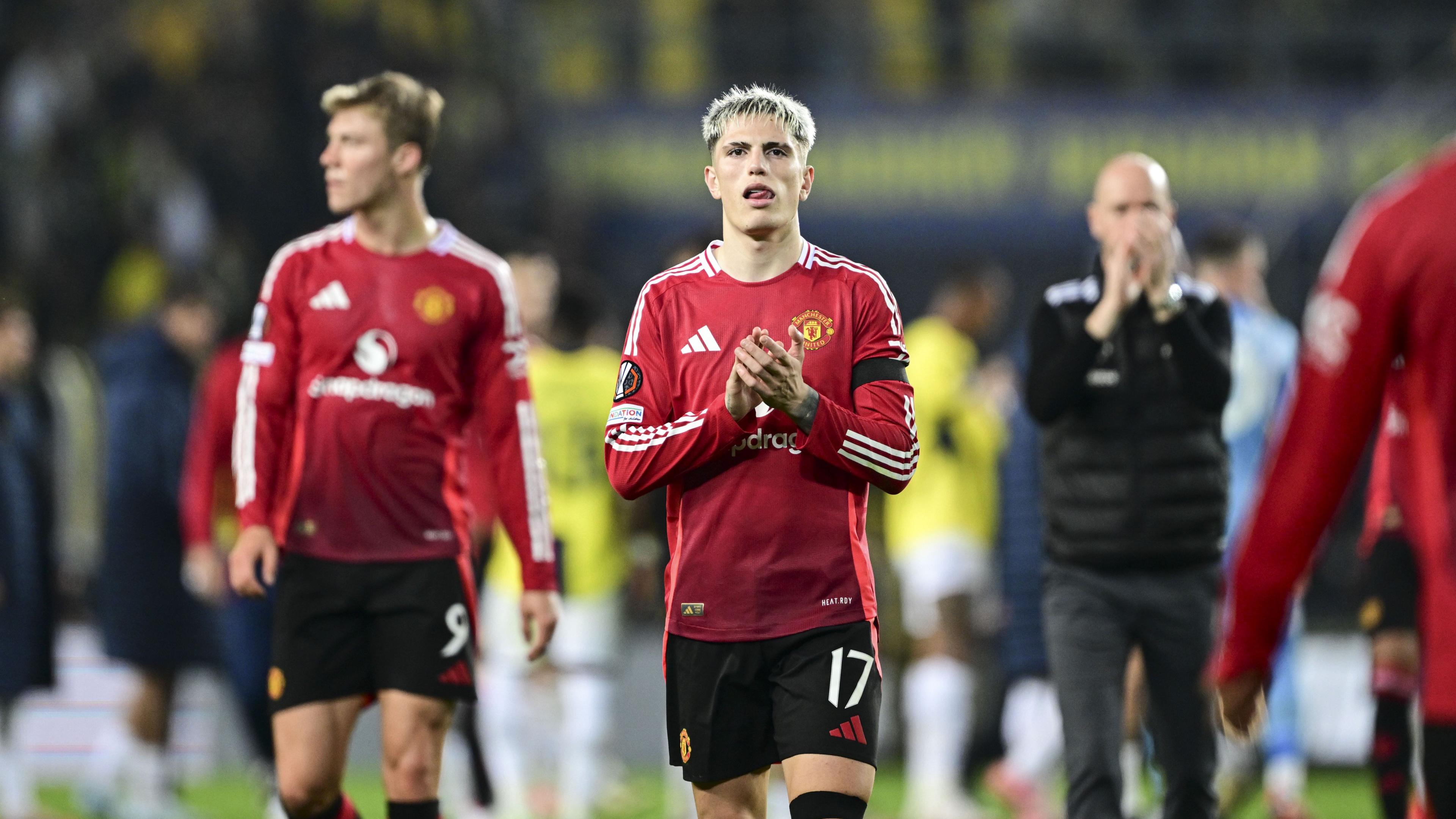 Alejandro Garnacho applauds fans after match