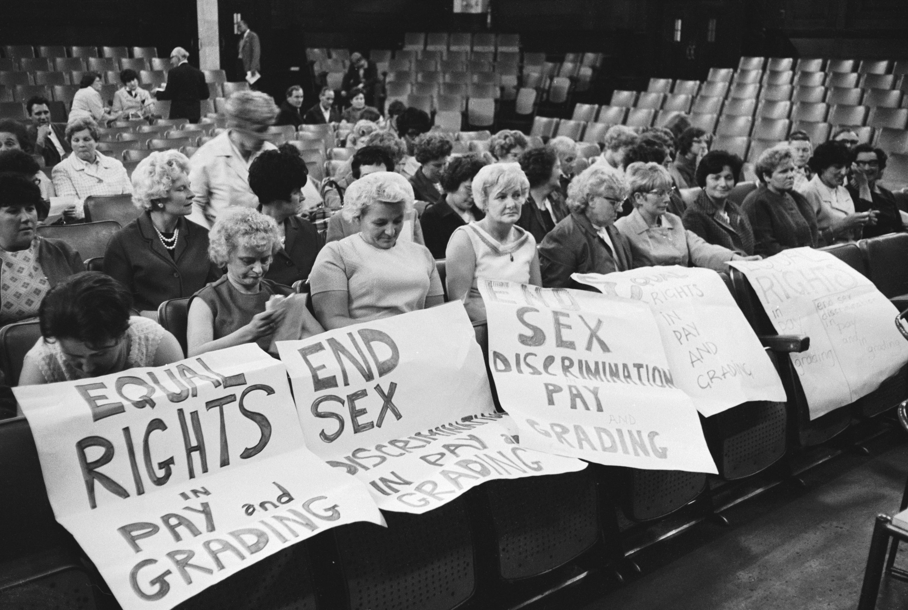 Striking female machinists from the Ford plant in Dagenham attend a women's conference on equal rights in industry at Friends House, Euston, 28th June 1968.