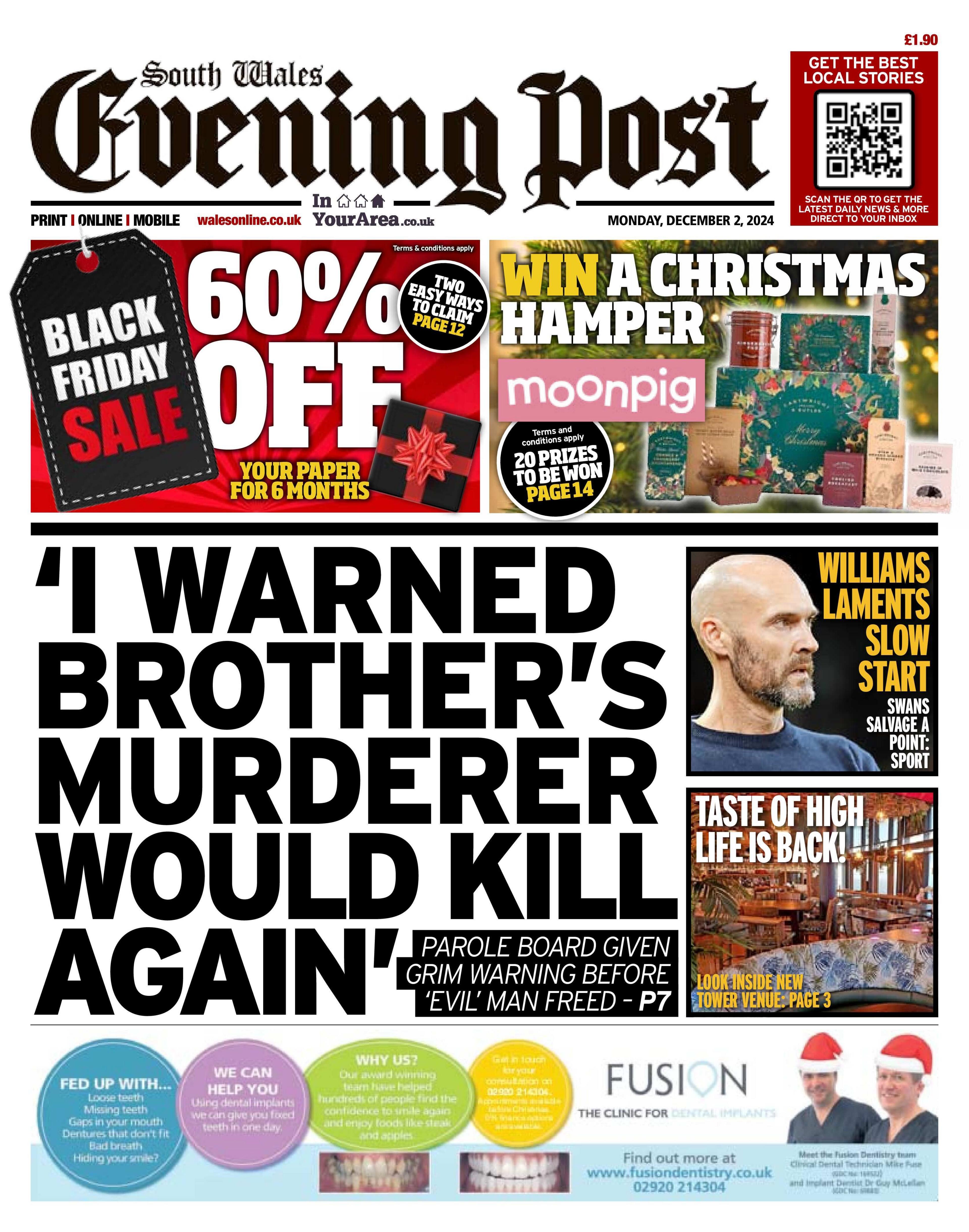 Front page of South Wales Evening Post