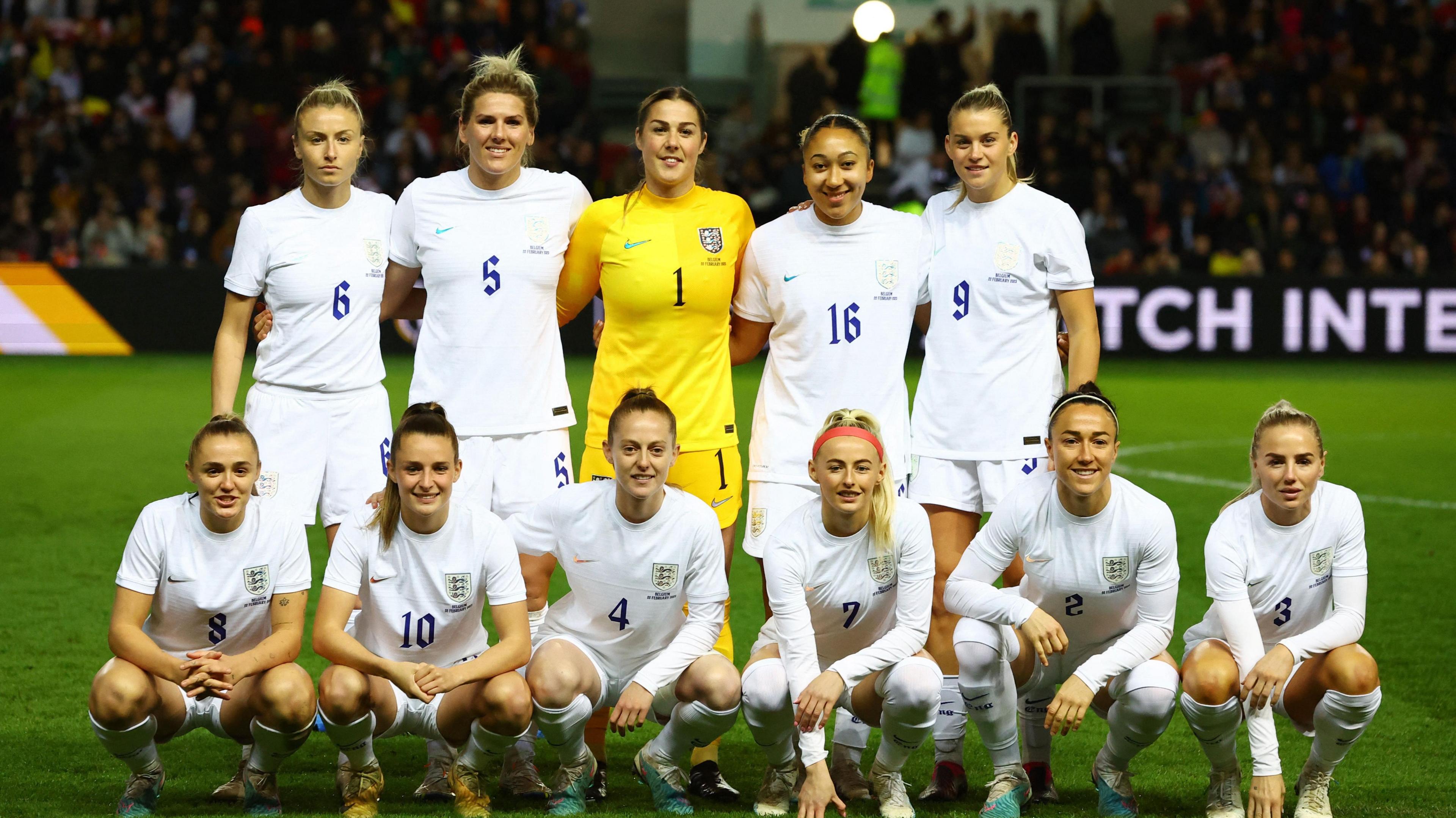 The England women's football team line-up for the camera on the pitch at Ashton Gate.