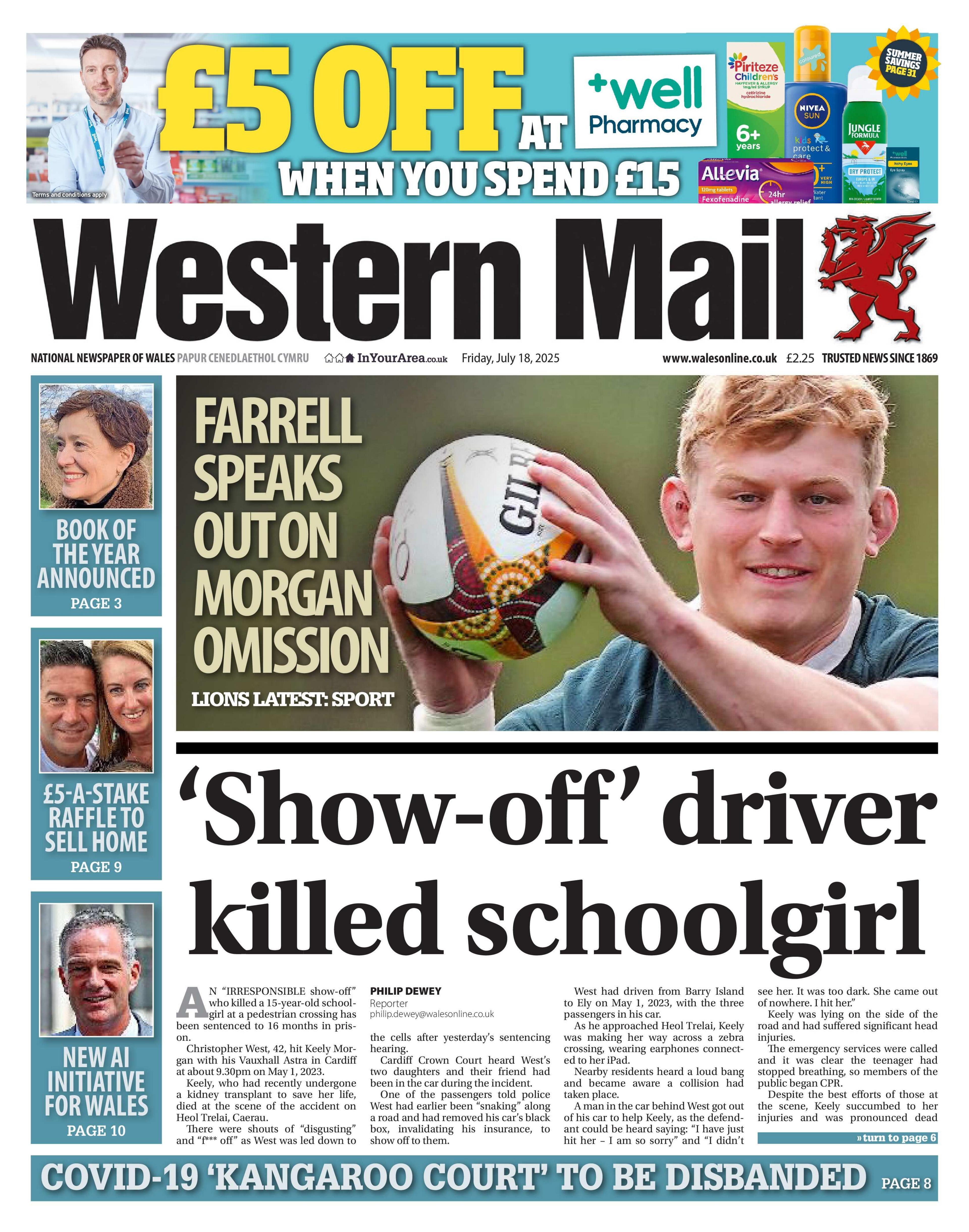 Front page of the Western Mail. Main headline reads: 'Show-off' driver killed schoolgirl. Other headlines read: Farrell speaks out on Morgan omission, with a photo of Jac Morgan holding a rugby ball. Other headlines down the left-hand side include: Book of the year announced, £5-a-stake raffle to sell home, and new AI initiative for Wales.