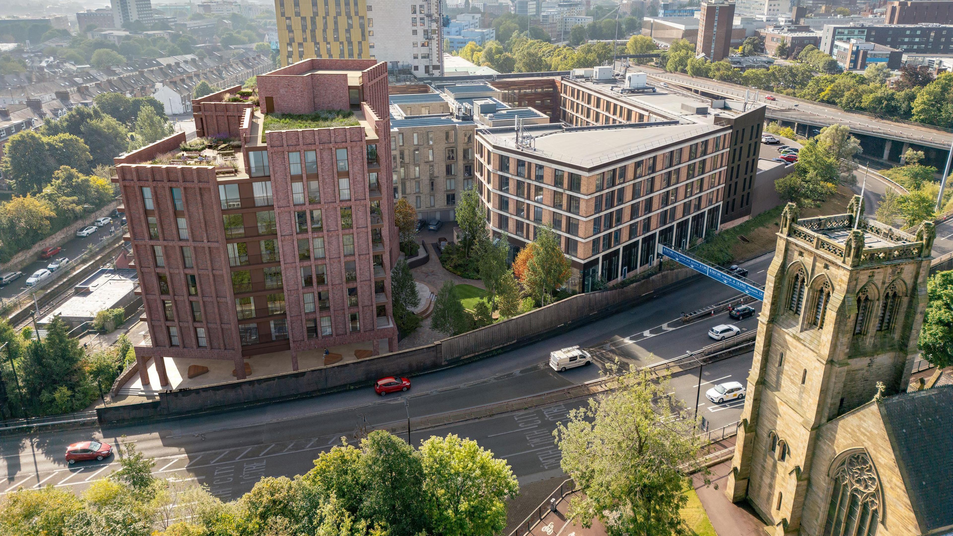 An artist's impression of how Jesmond Three Sixty will look. It is nine storeys tall and made of red brick and glass windows. There is greenery on its rooftop.