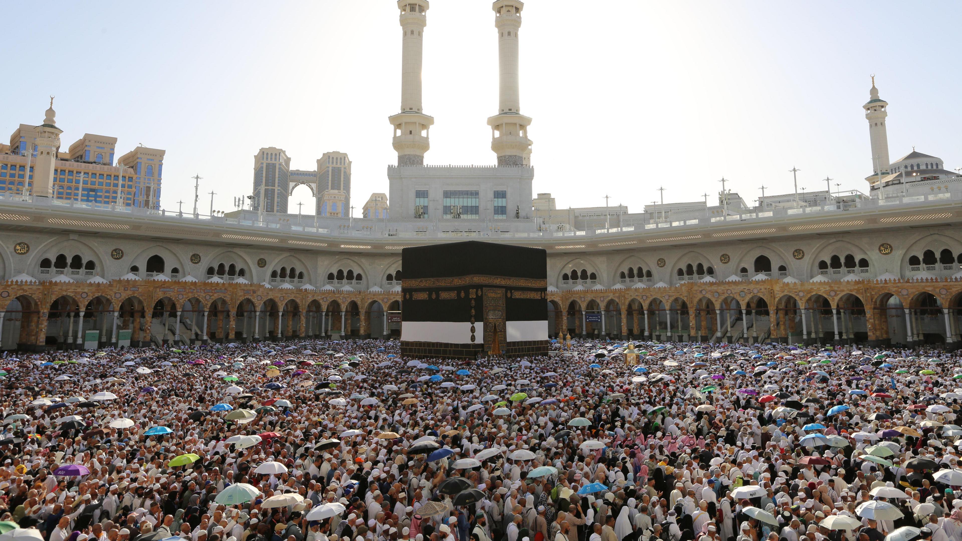 Muslims perform the Tawaf around Kaaba, the holiest site in Islam, at al-Masjid al-Haram, during the Hajj 2025 pilgrimage in Mecca