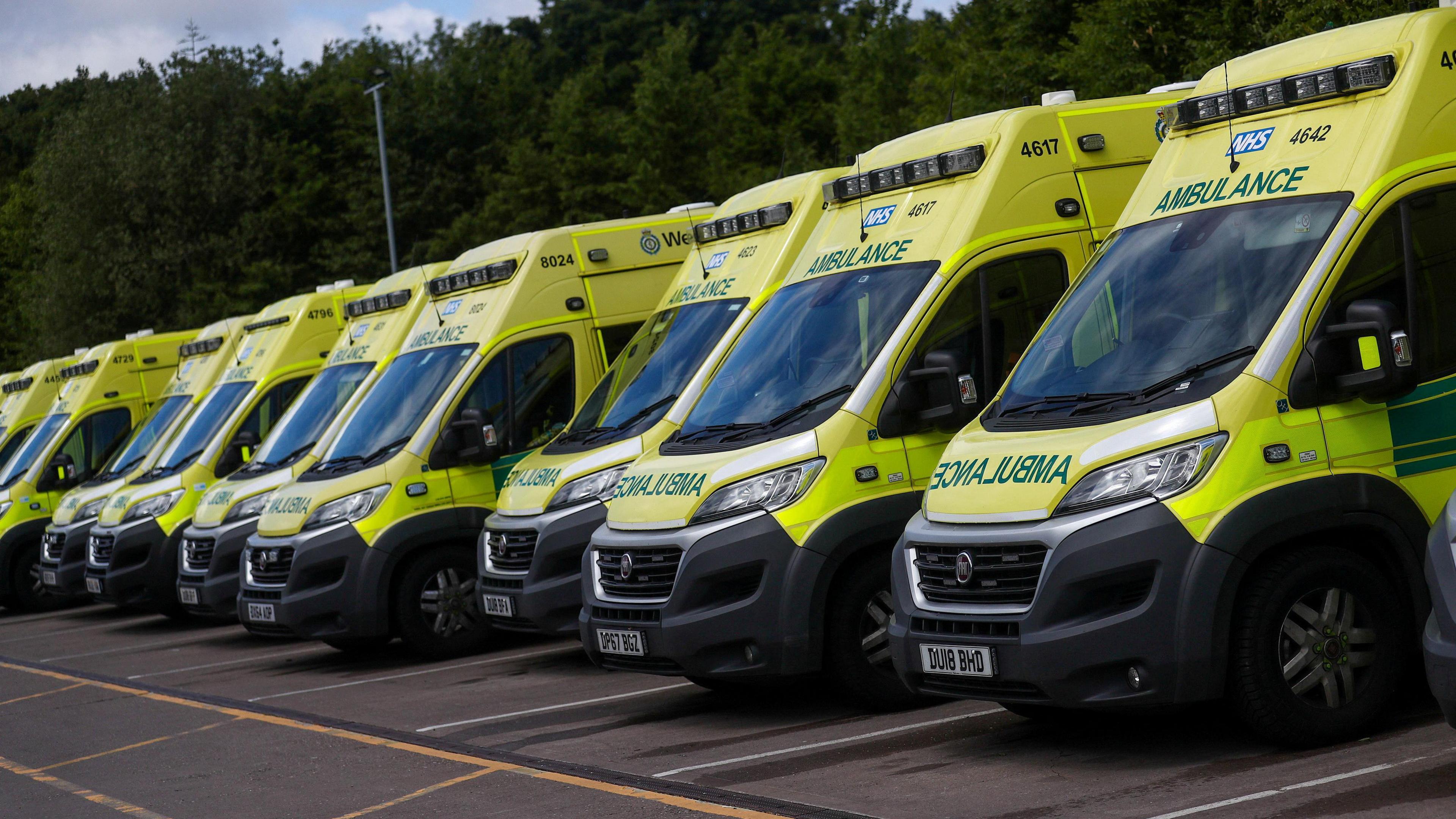 A long row of multiple ambulances parked up.