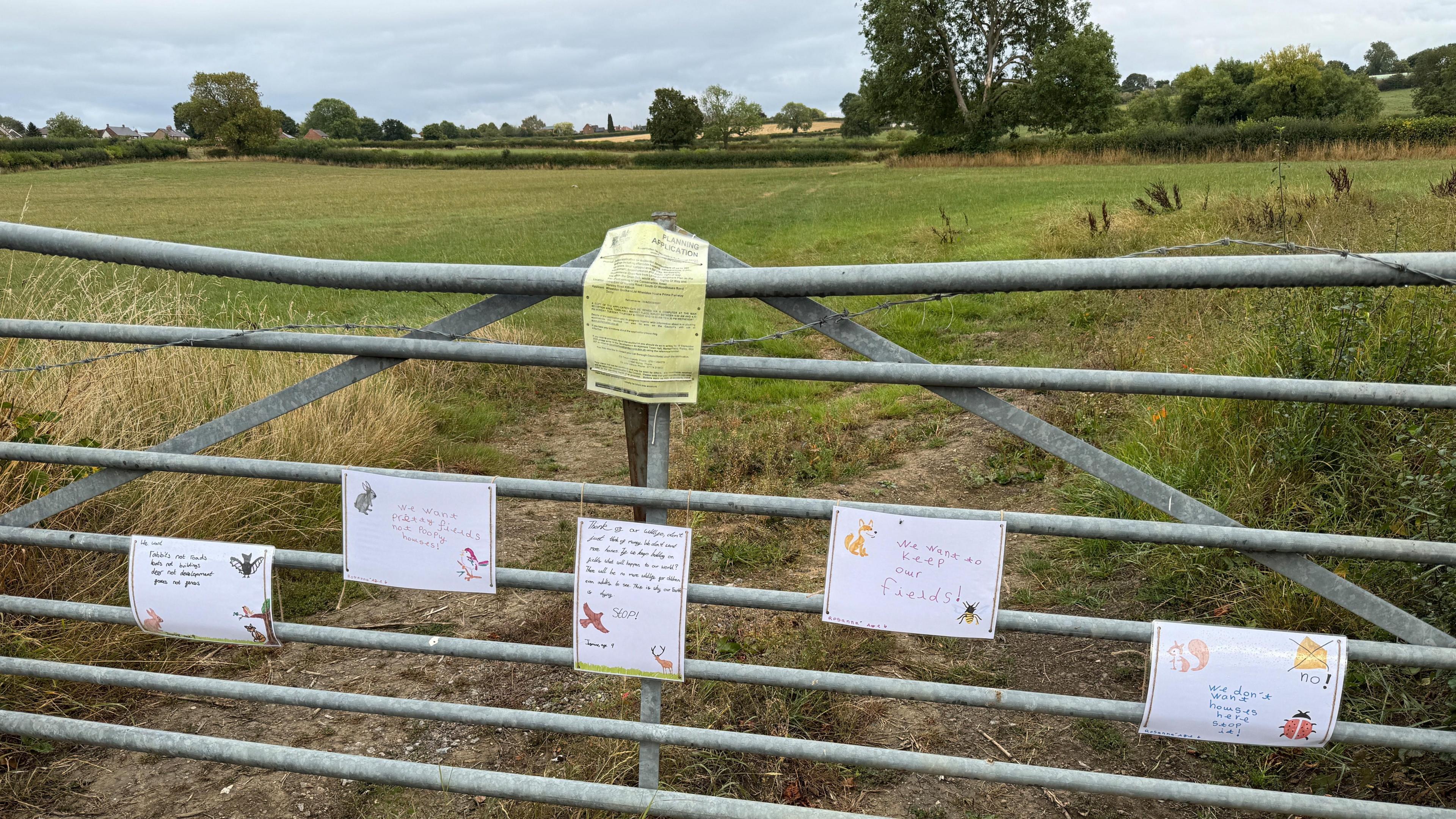 A metal farm-style gate with green fields stretching out behind. Pinned to the gate is a yellow planning application notice and five small posters with child's writing and pictures protesting about development.