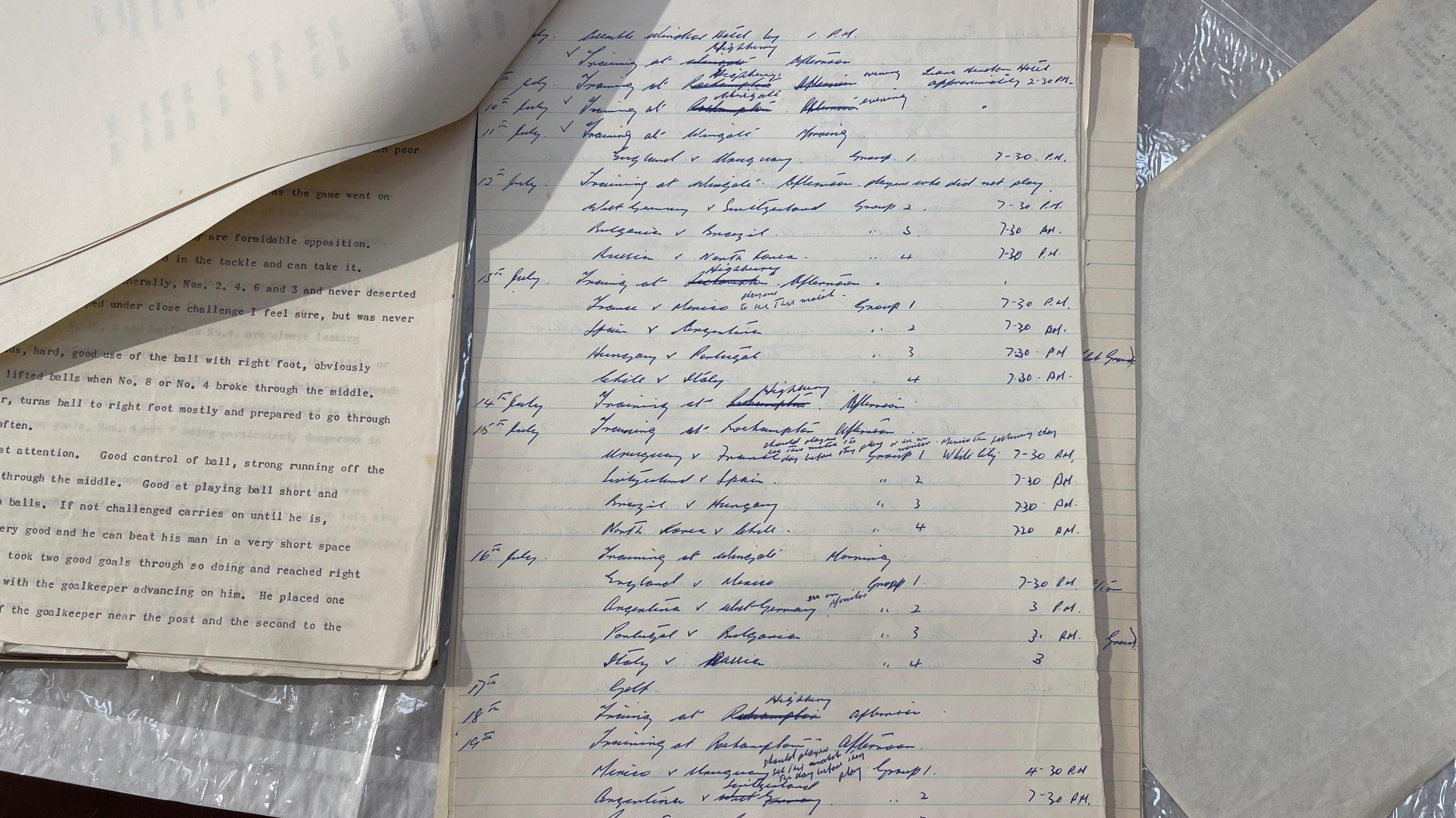 A detailed hand written list written in blue ink on lined paper, outlining world cup matches alongside times and dates